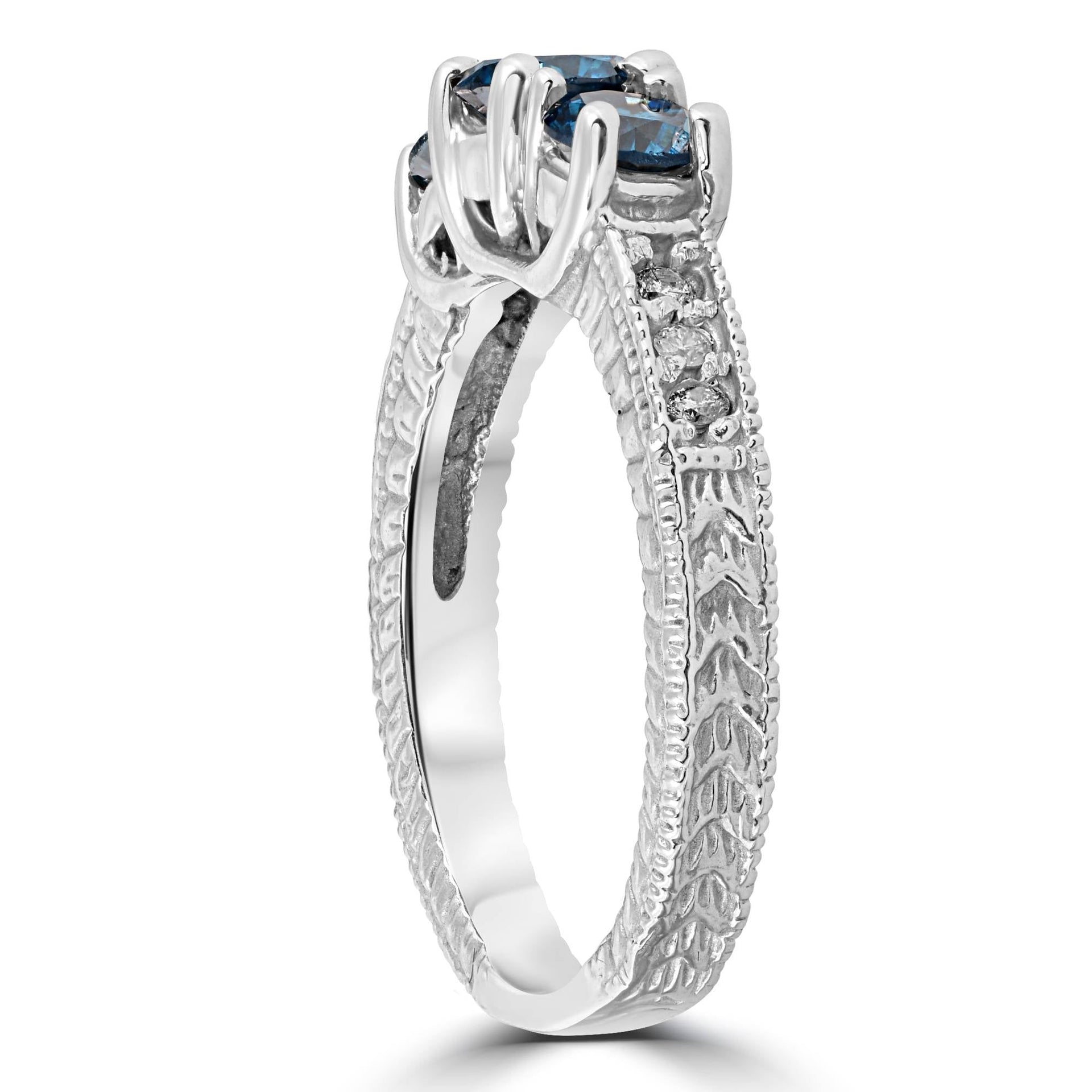 1 Carat Treated Blue Diamond Vintage 3 Stone Ring 10K White Gold