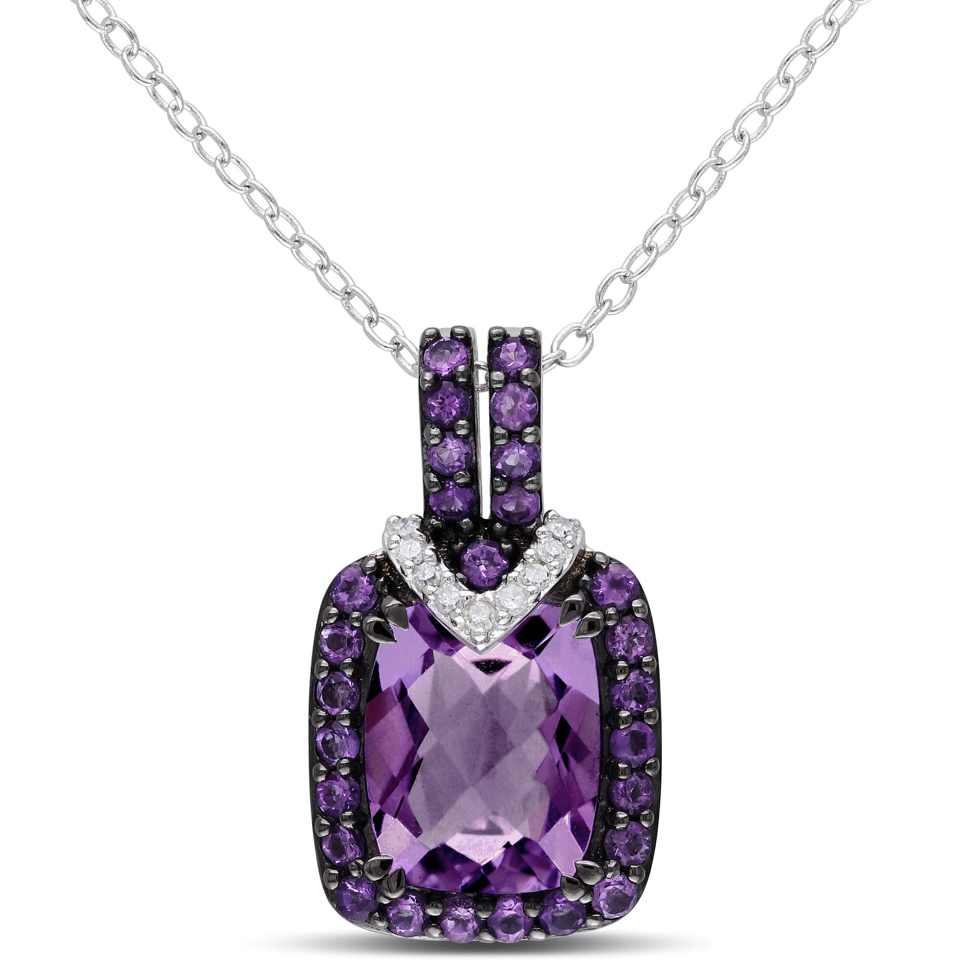 3ct TW Emerald Cut Amethyst and Diamond Accents Pendant with Chain in Sterling Silver