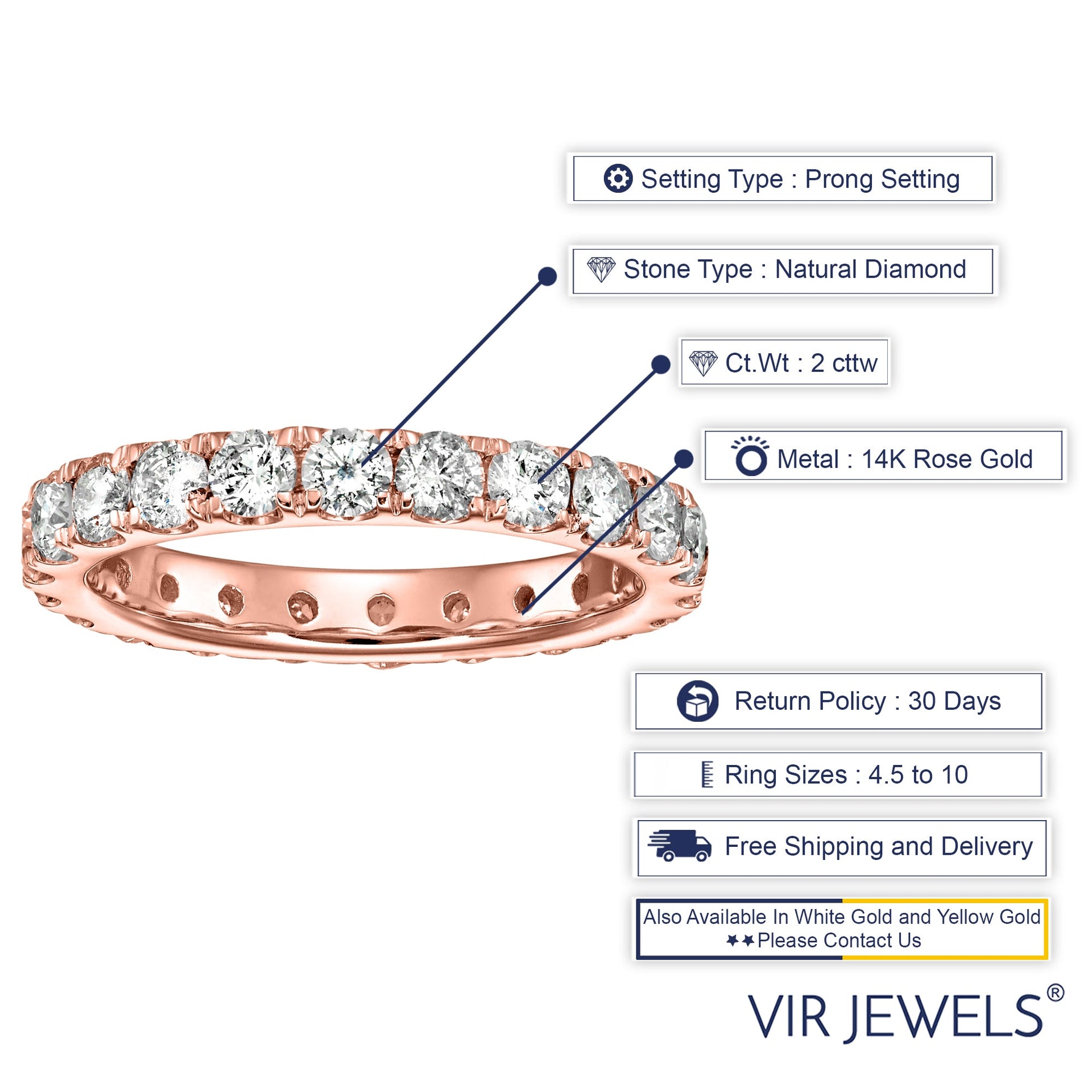 2 cttw Diamond Eternity Ring for Women, Wedding Band in 14K Rose Gold Prong Set