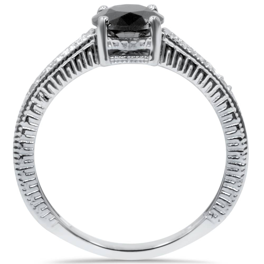 1 1/5ct Vintage Treated Black & White Diamond Engagement Ring 14K White Gold