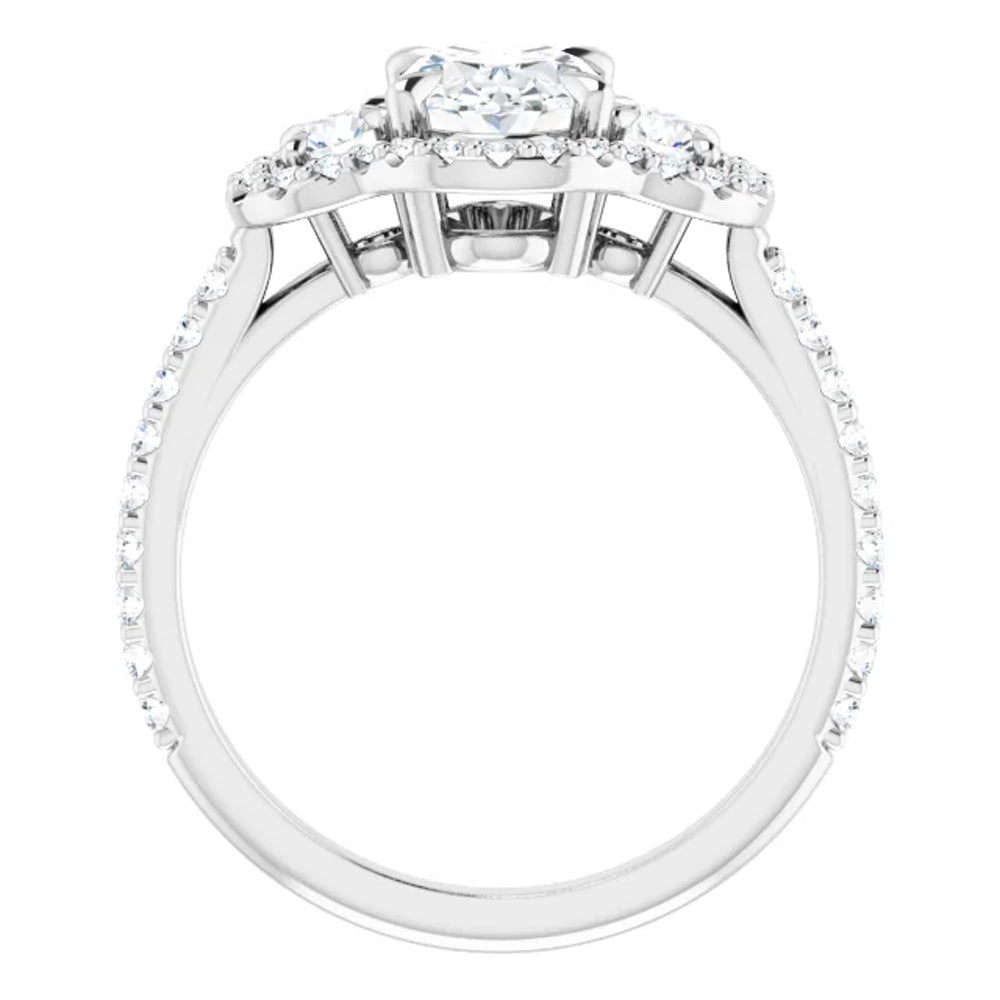 1 3/4 Ct Three Stone Halo Diamond & Oval Moissanite Engagement Ring White Gold