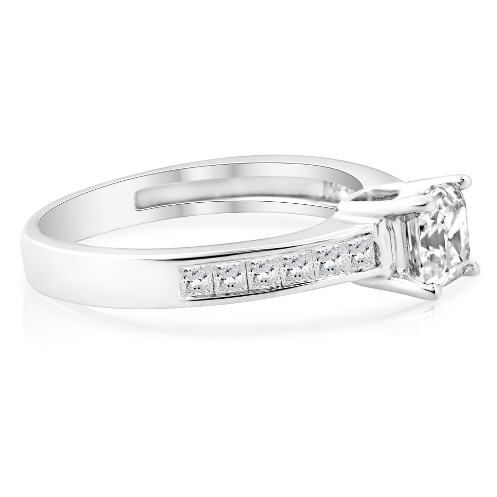 1Ct Asscher Cut Moissanite & Princess Cut Diamond Engagement Ring 14k White Gold