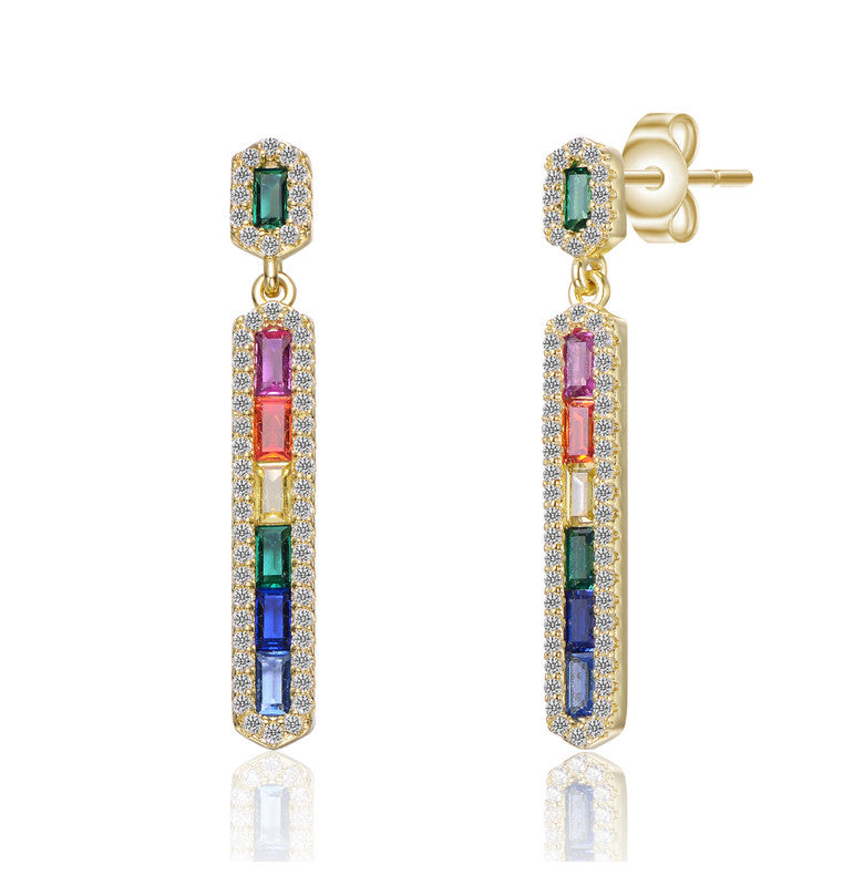 Sterling Silver 14k Gold Plated Rainbow & White Cubic Zirconia Linear Dangle Earrings