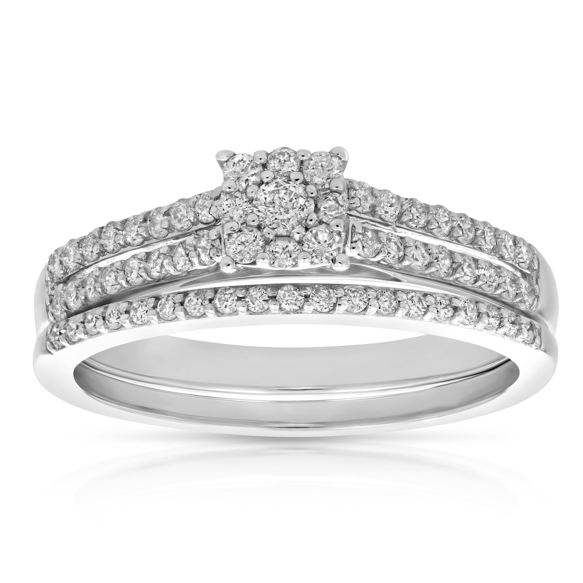 1/2 Cttw Diamond Cluster Wedding Engagement Ring Set 14K White Gold Bridal