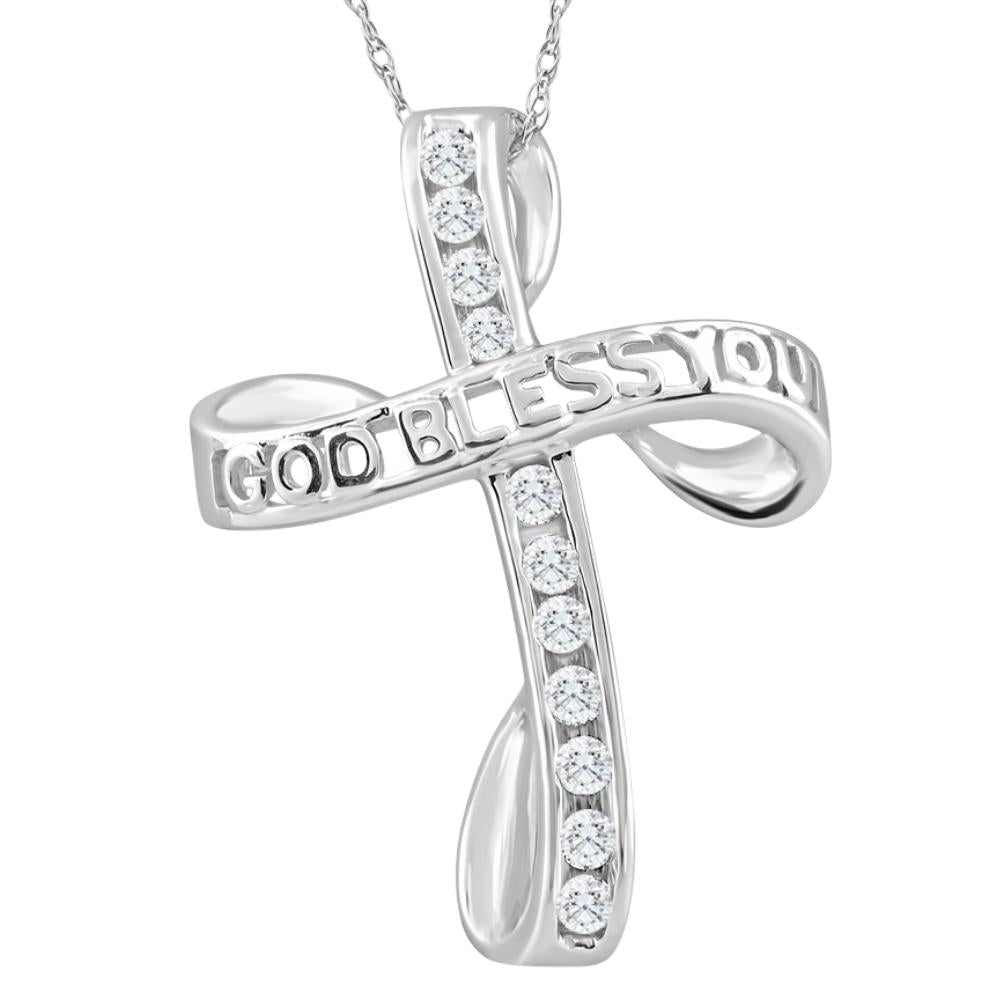 1/3Ct T.W. Diamond Cross 10k White Gold Necklace God Bless You Pendant 18' Chain