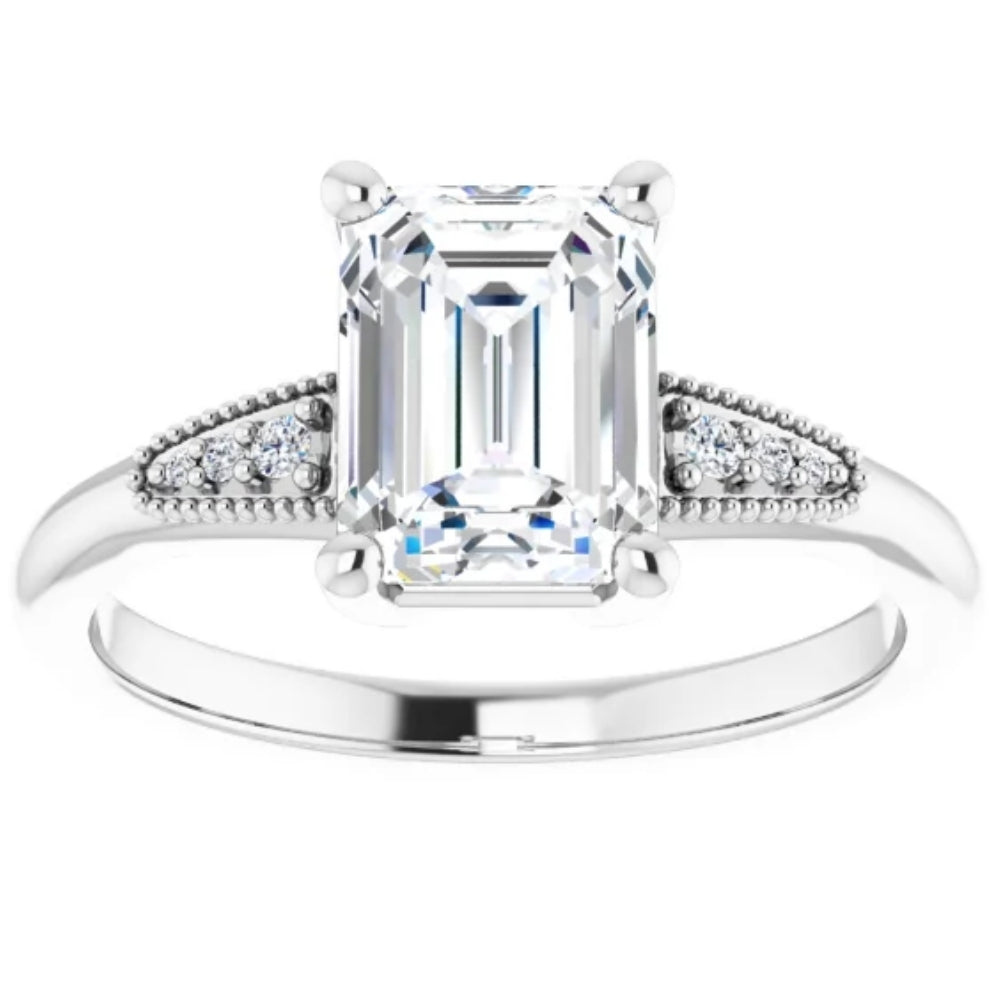 1 3/4 ct Diamond & Emerald Cut Moissanite Vintage Engagement Ring White Gold