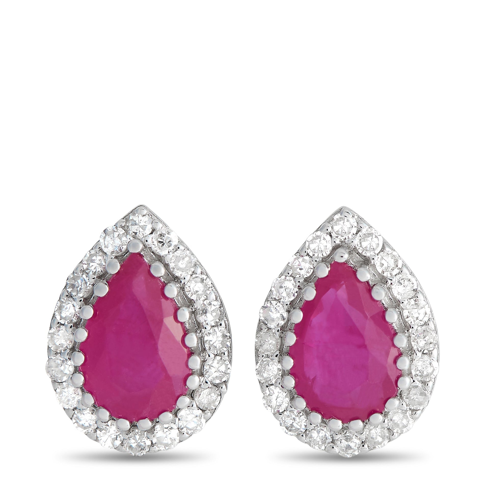 LB Exclusive 14K White Gold 0.17ct Diamond and Ruby Pear Halo Stud Earrings ER4-15272WRU