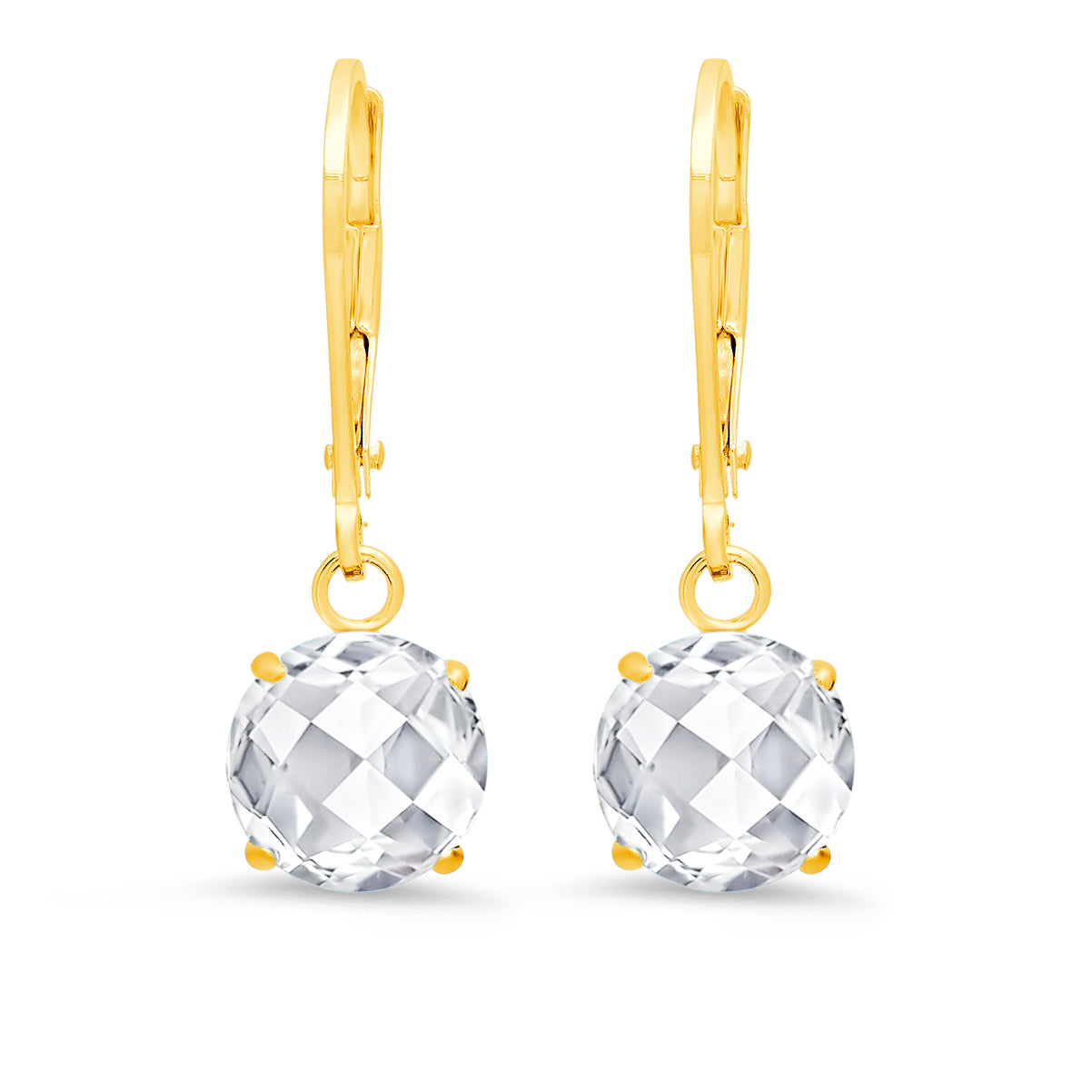 10K Yellow Gold Round Checkerboard Cut Gemstone Leverback Earrings (8mm)