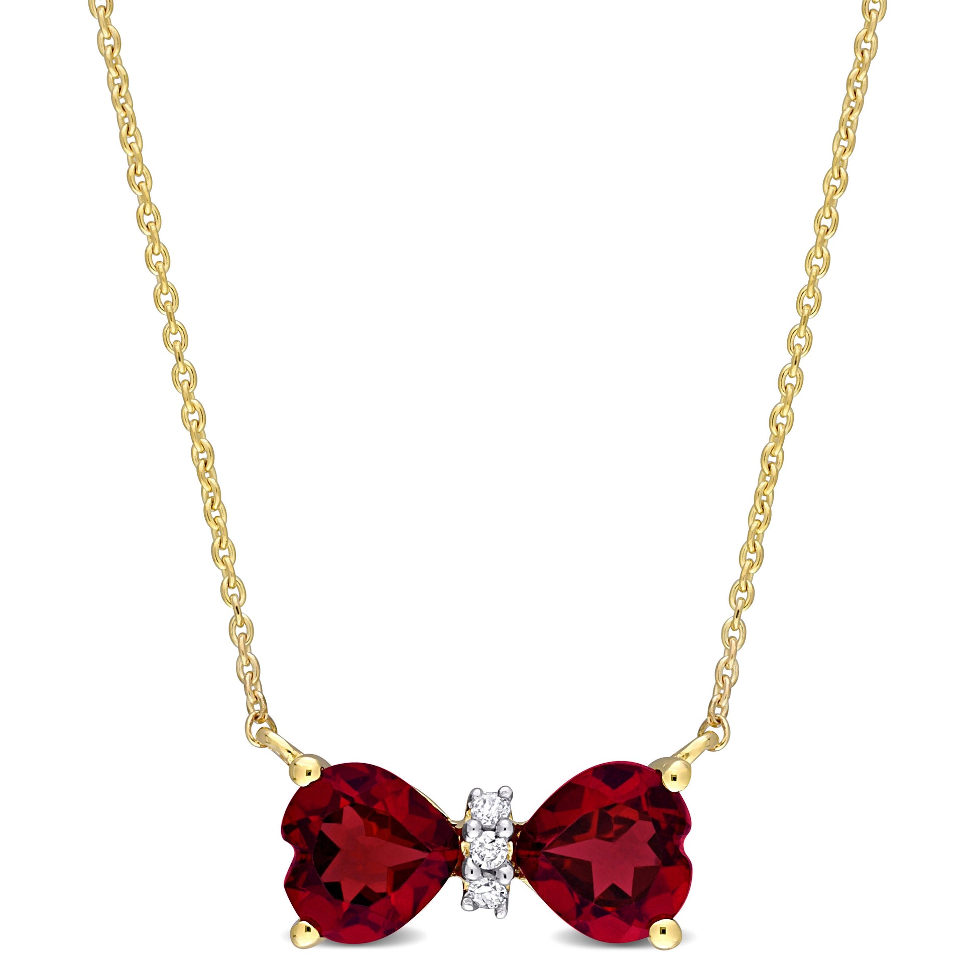 1 CT TGW Garnet and Diamod Accent Bow Necklace in 10k Yellow Gold