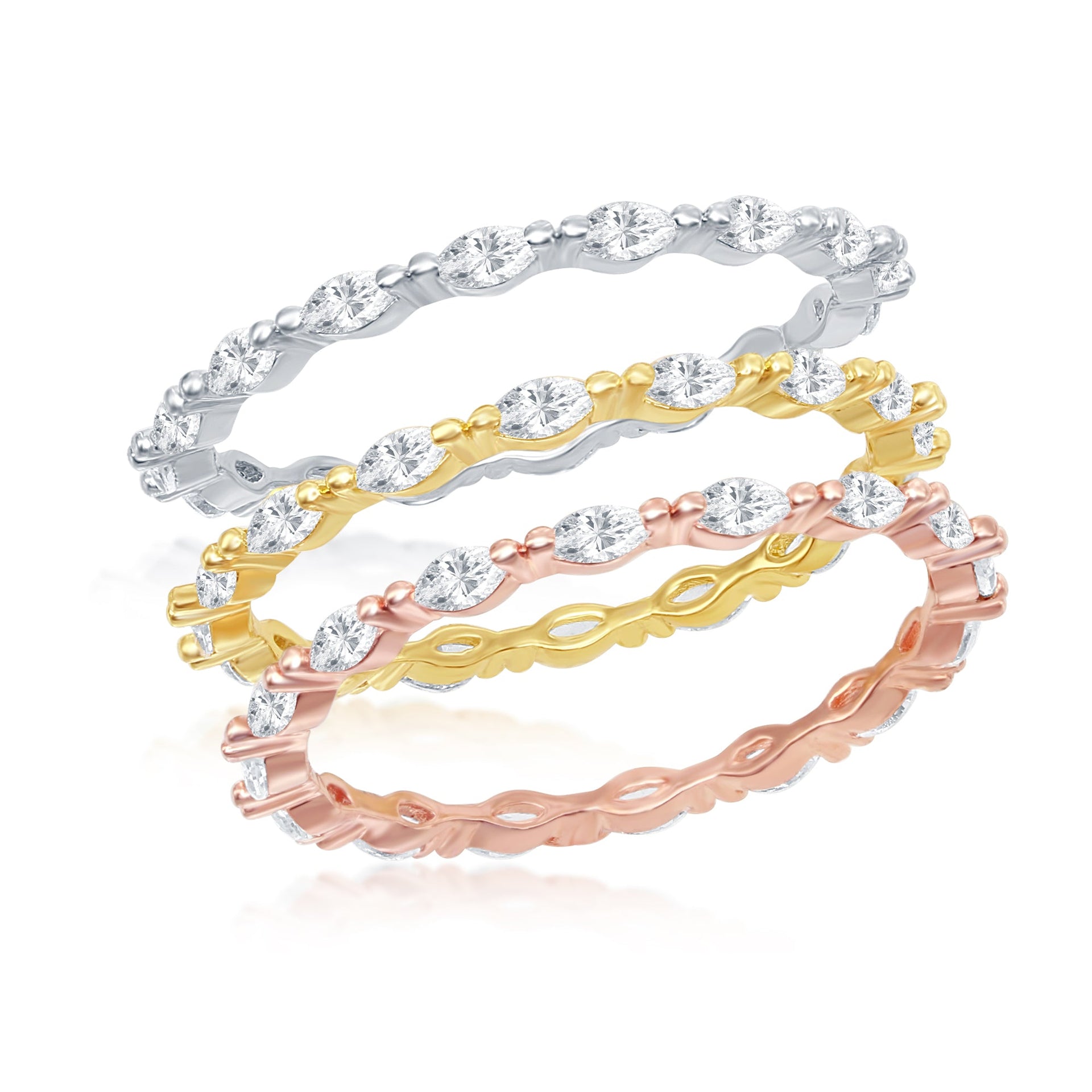 Sterling Silver Marquise CZ 2mm Eternity Triple Band Ring - Tri Color