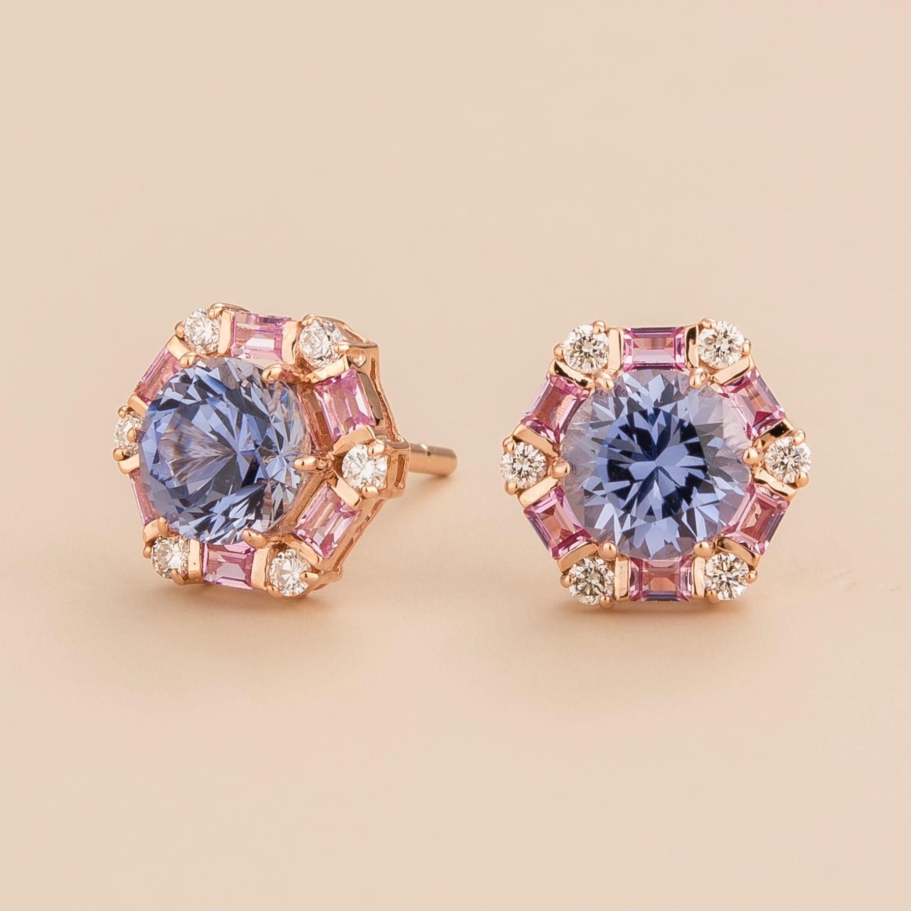 Melba Rose Gold Earrings Ceylon Blue Sapphire, Pink Sapphire & Diamond