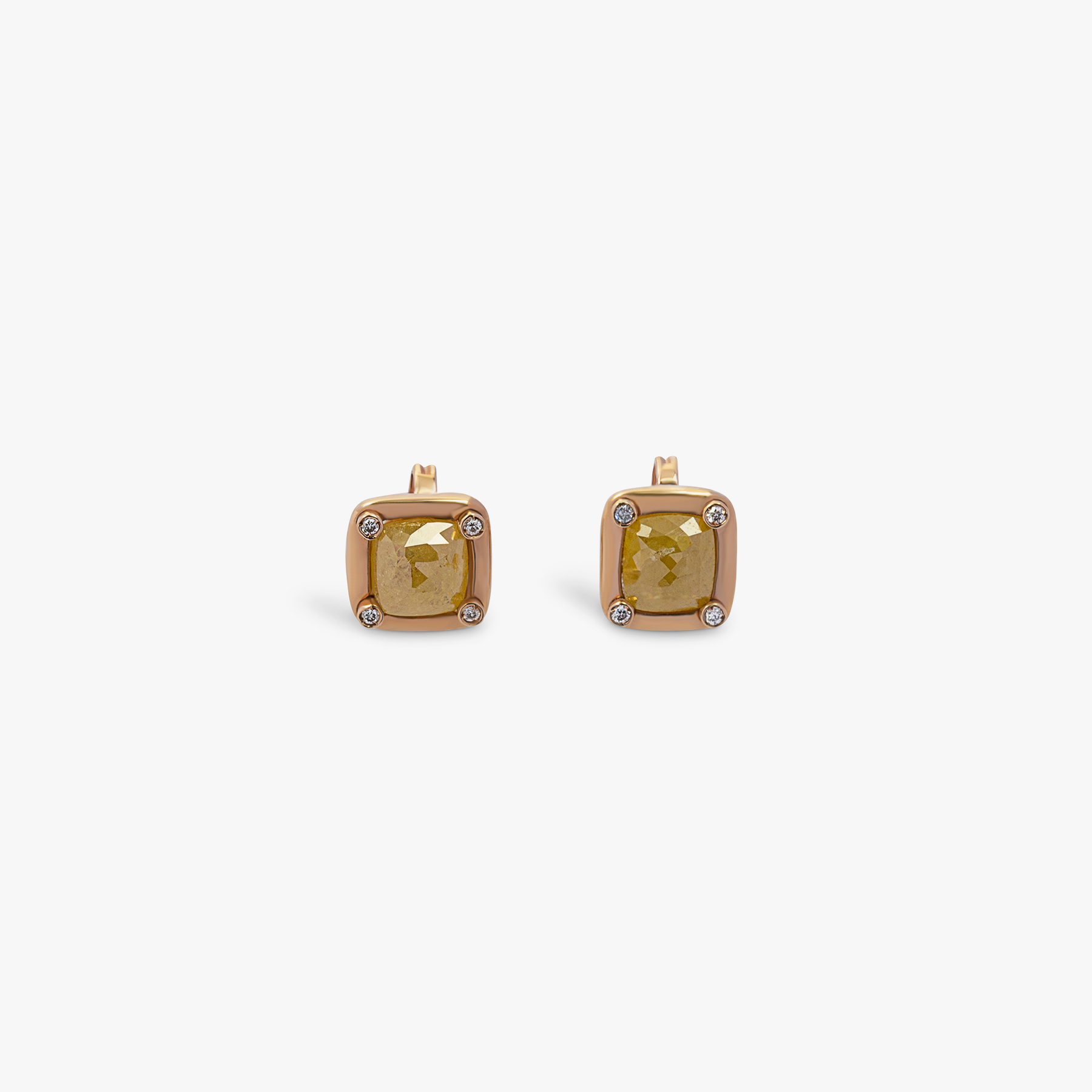 Rose cut square stud earrings in 18K rose gold and yellow diamonds
