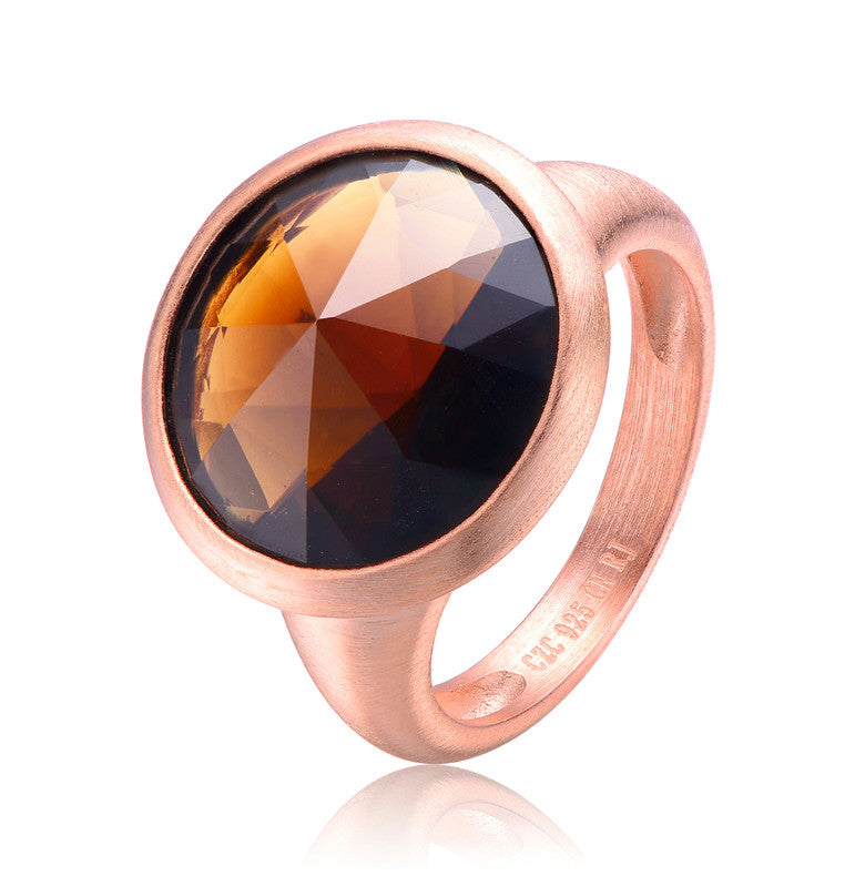 GENEVIVE Sterling Silver Rose Gold Plated Brown Cubic Zirconia Cocktail Ring