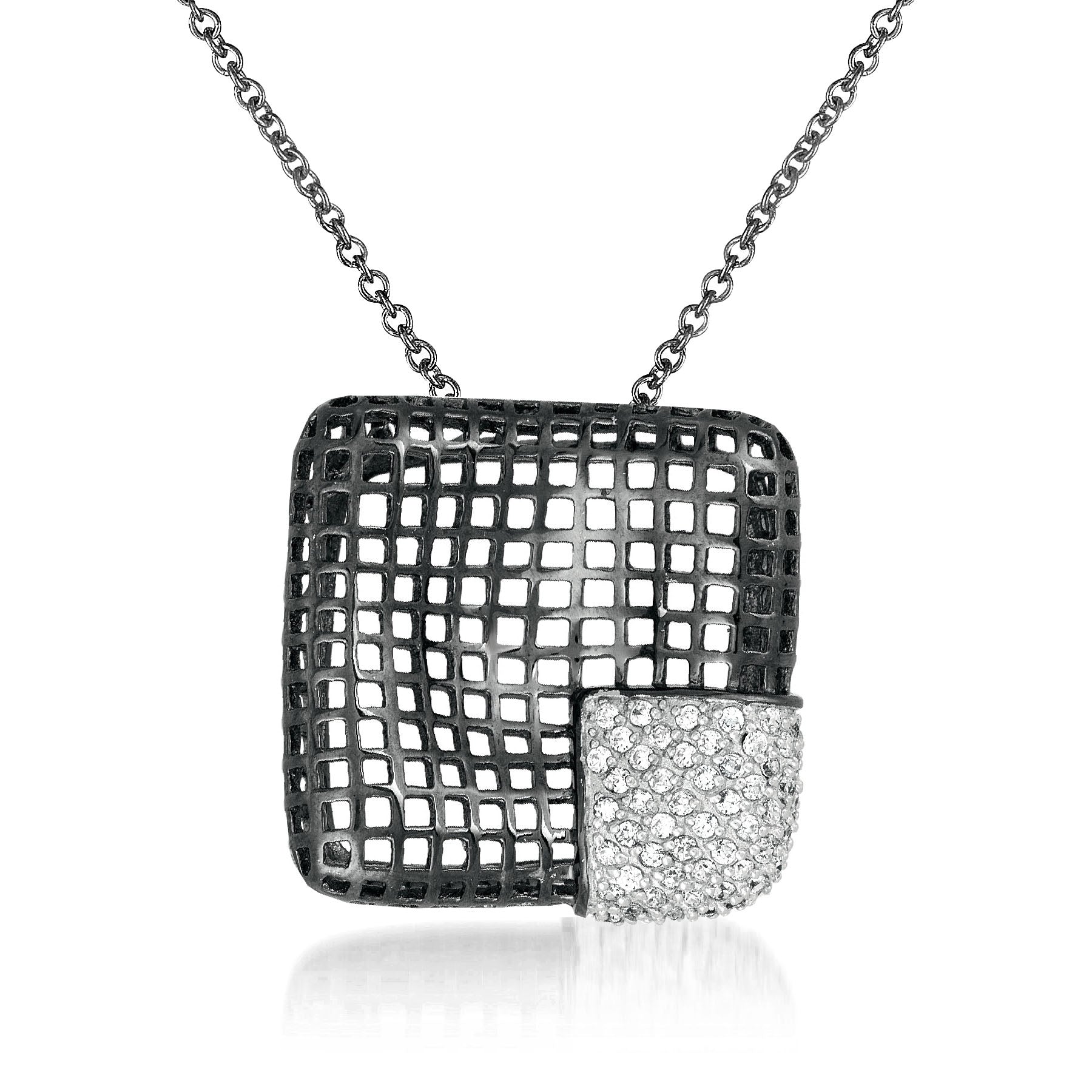 Sterling Silver Black Overlay Clear Cubic Zirconia Net Necklace