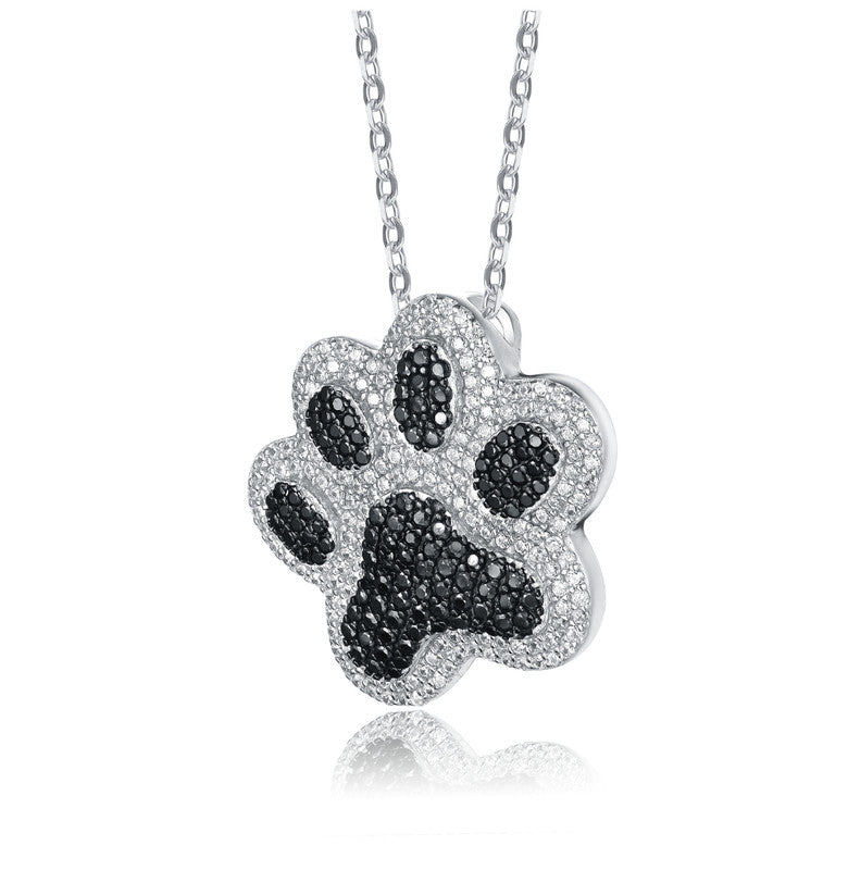 Sterling Silver Two-Tone with Black & White Cubic Zirconia Cat Dog Pet Paw Pendant Necklace