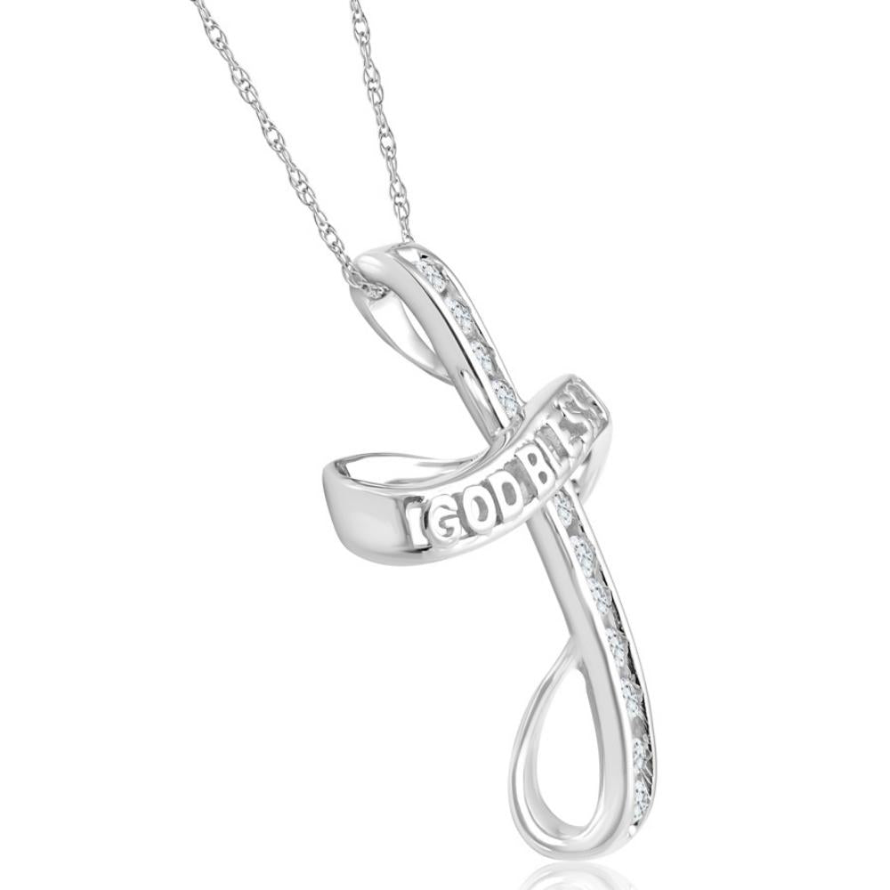 1/3Ct T.W. Diamond Cross 10k White Gold Necklace God Bless You Pendant 18' Chain