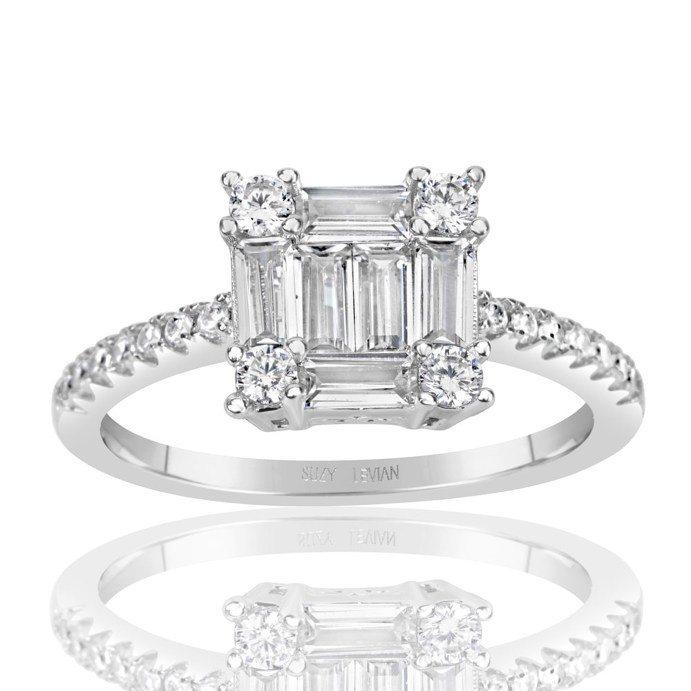 Suzy Levian Sterling Silver Bagguette and Round Cut Cluster Cubic Zirconia Bridal Engagement Ring