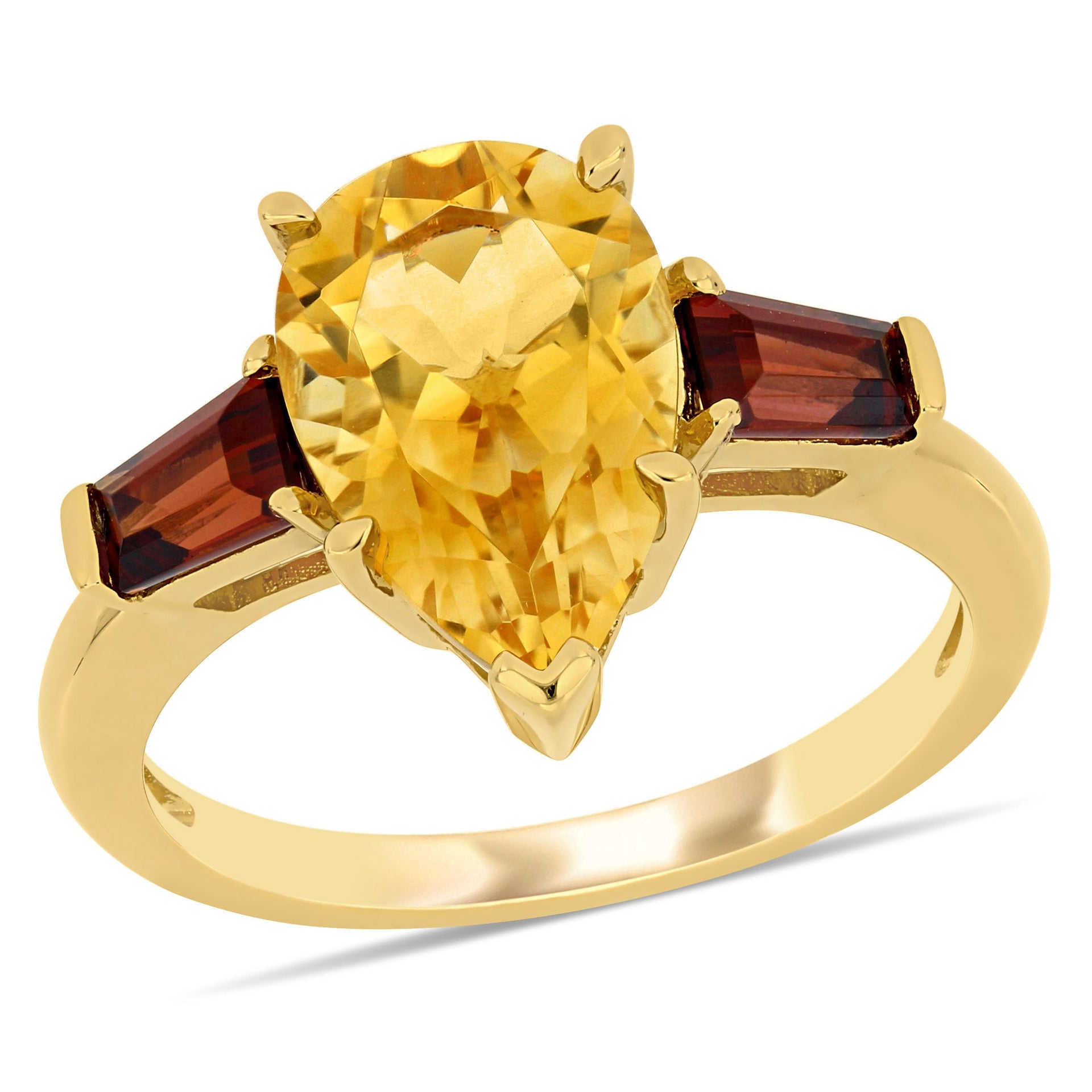 3 1/2 CT TGW Citrine Garnet Pear-Shaped 3-Stone Ring in 14k Yellow Gold