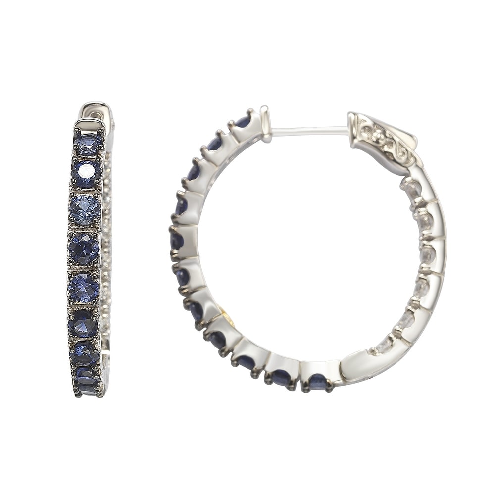 Suzy Levian Sterling Silver Blue Sapphire and Diamond Accent Hoop Earring