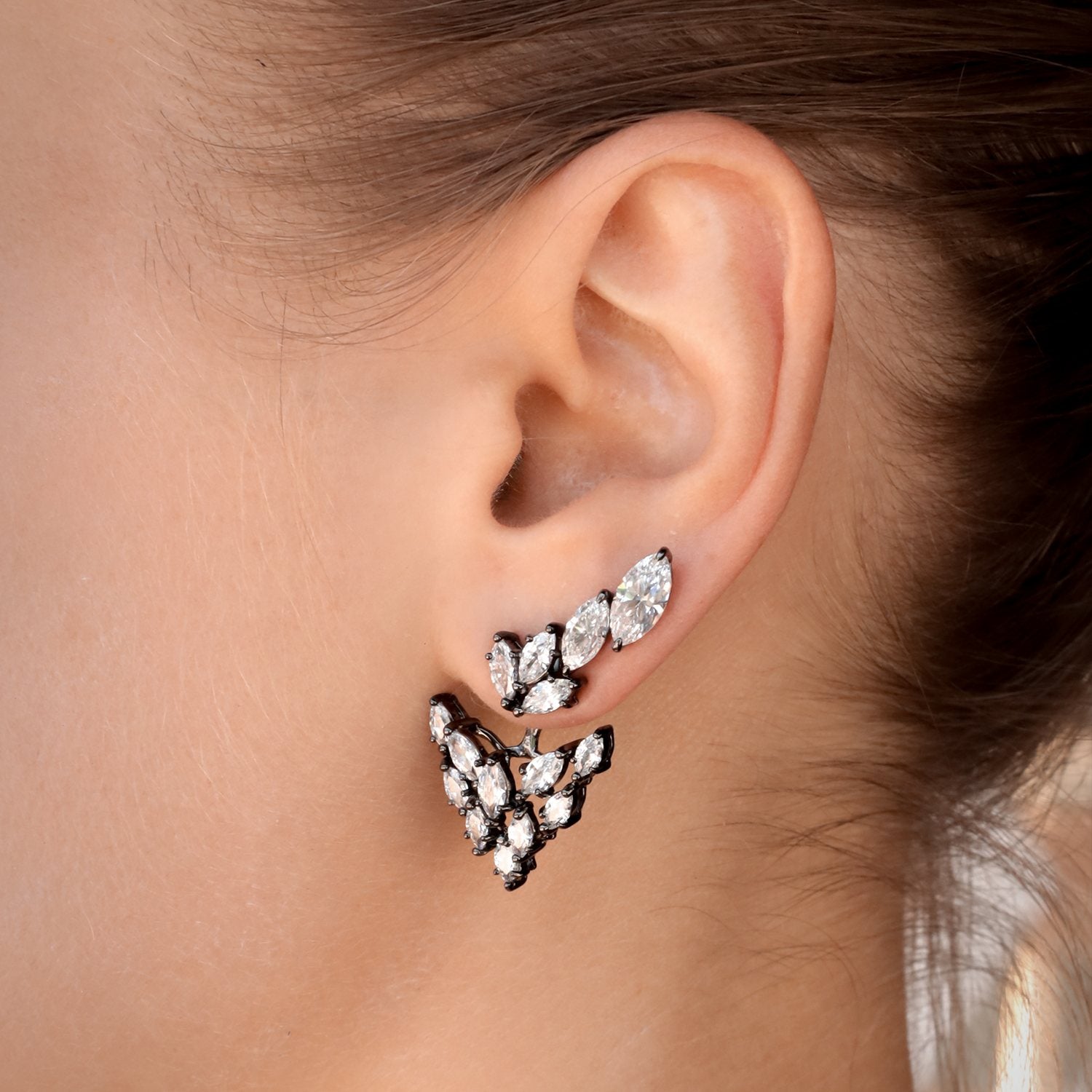 Renaissance Cascade Earrings With Man Made White Cz Diamond Stimulant In Black Rhodium