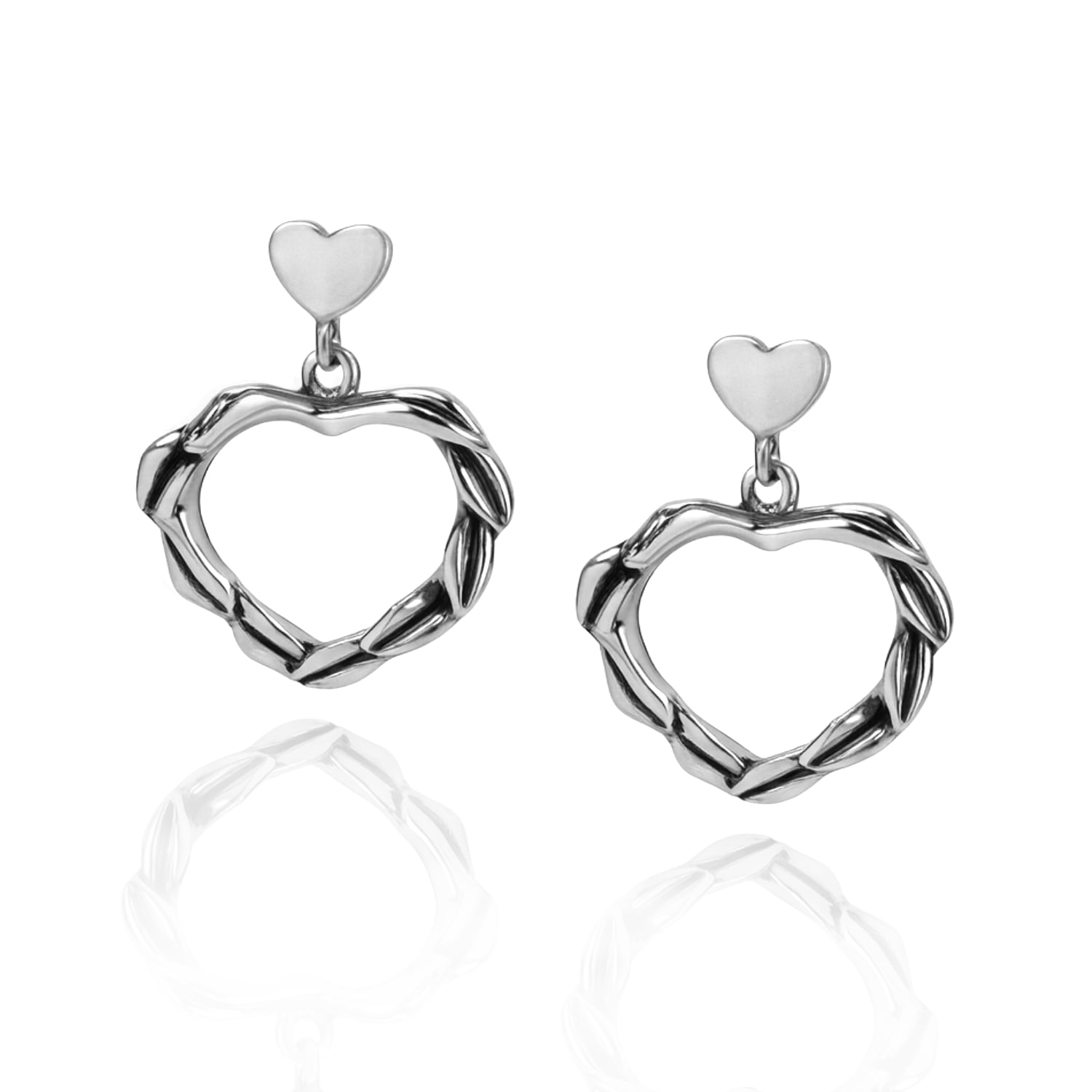 Earrings Belove With Heart And Leaf Pendants In Sterling Silver.