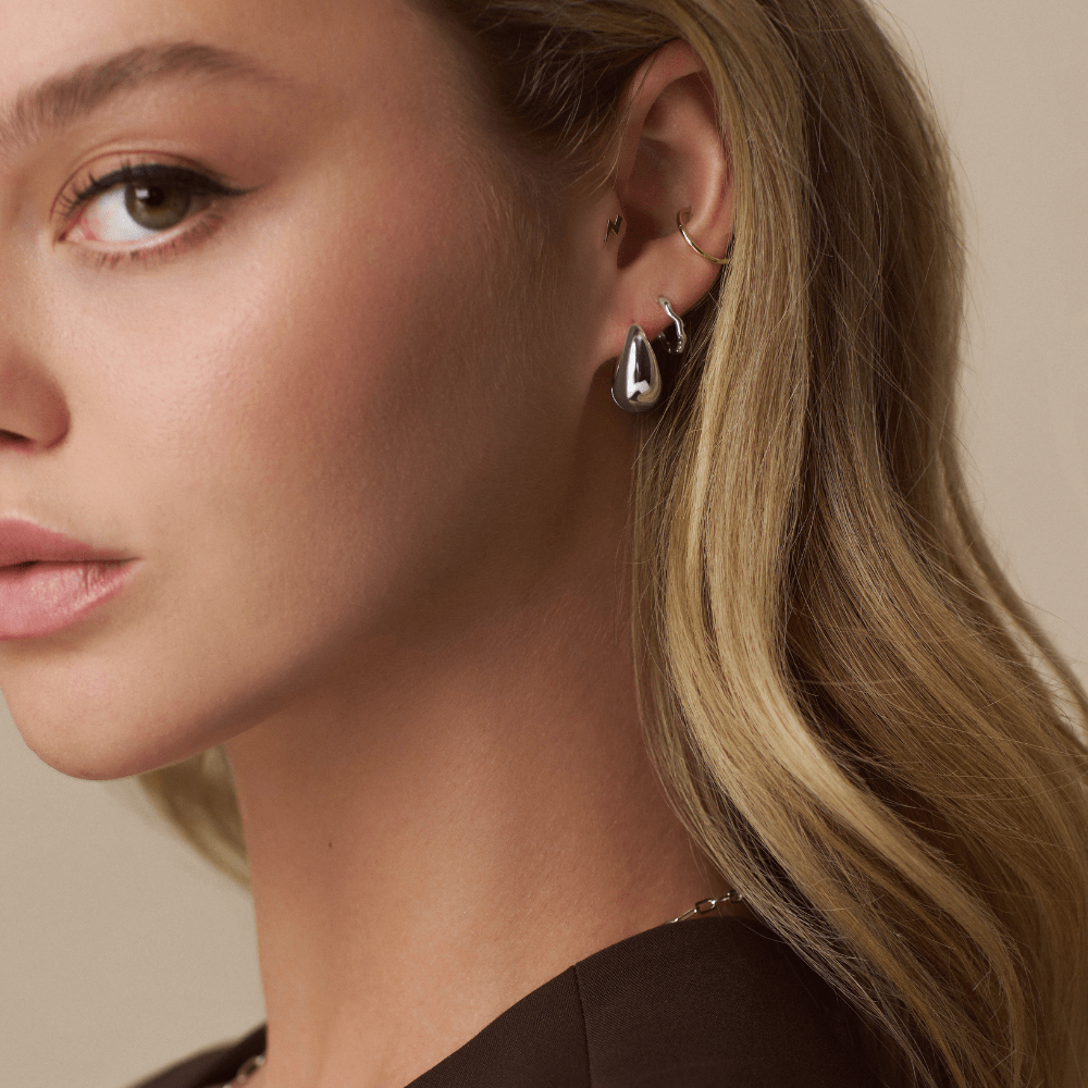 Organic Round Wave Huggie Hoop Earrings Silver