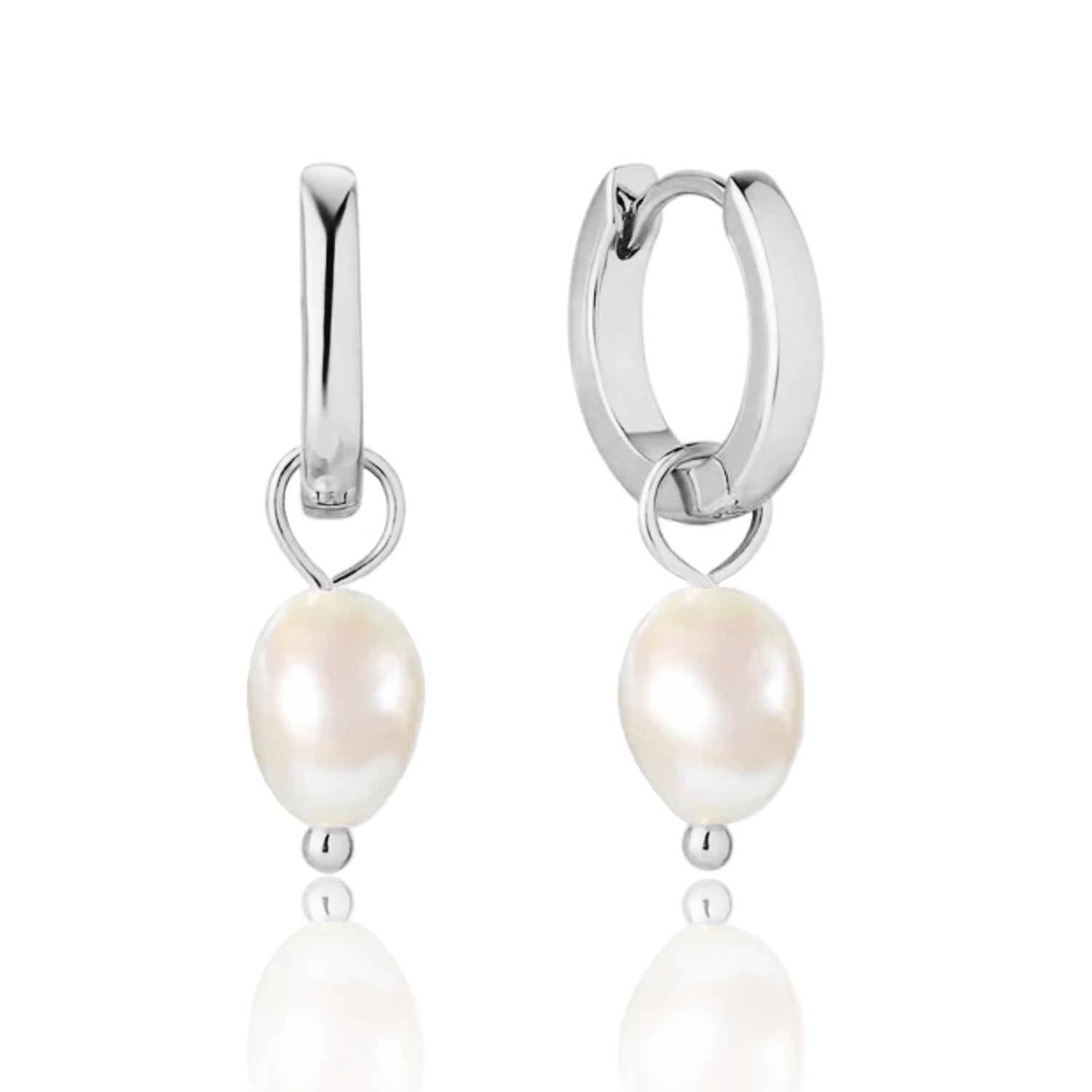 Hoop Earrings With Natural Pearl Pendant In Sterling Silver