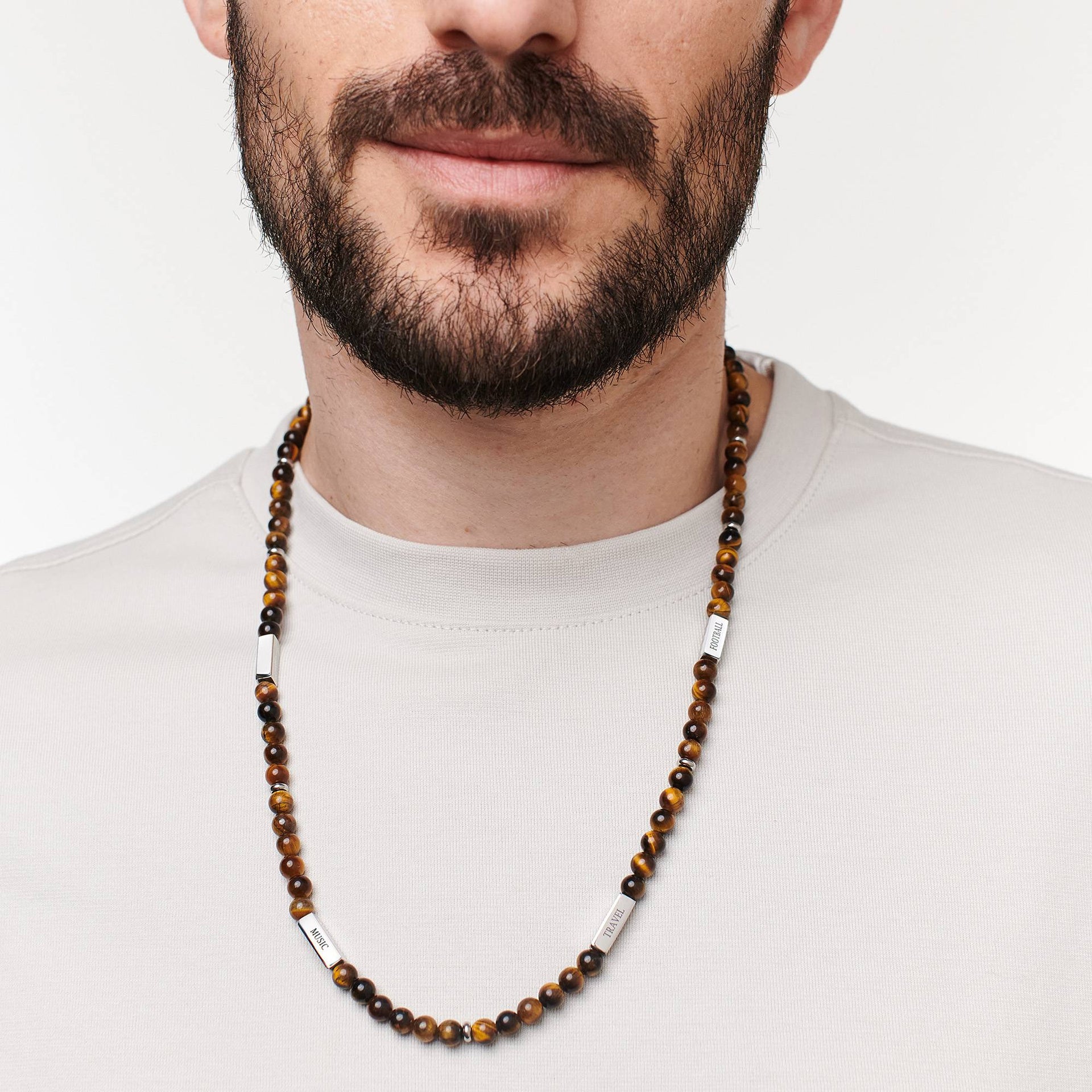 East Coast Custom Tiger Eye Beaded Necklace in Stainless Steel