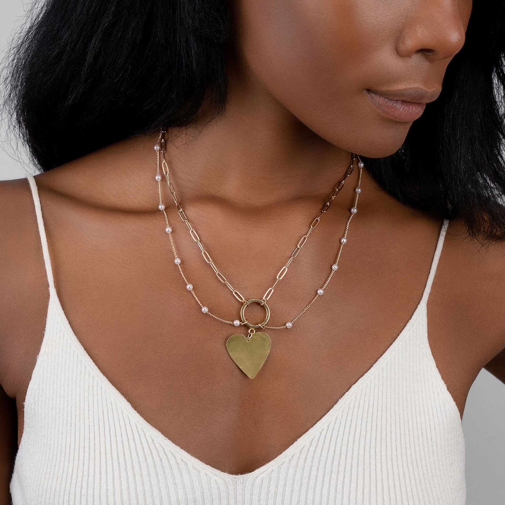 Mixed Chain Draped Pearl Heart gold