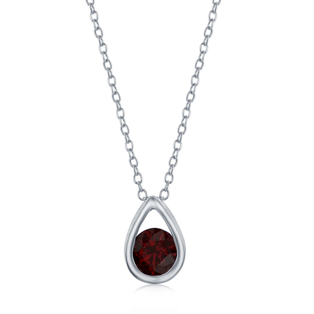 Sterling Silver Pearshaped Necklace w/Round 'January Birthstone' Gem - Garnet