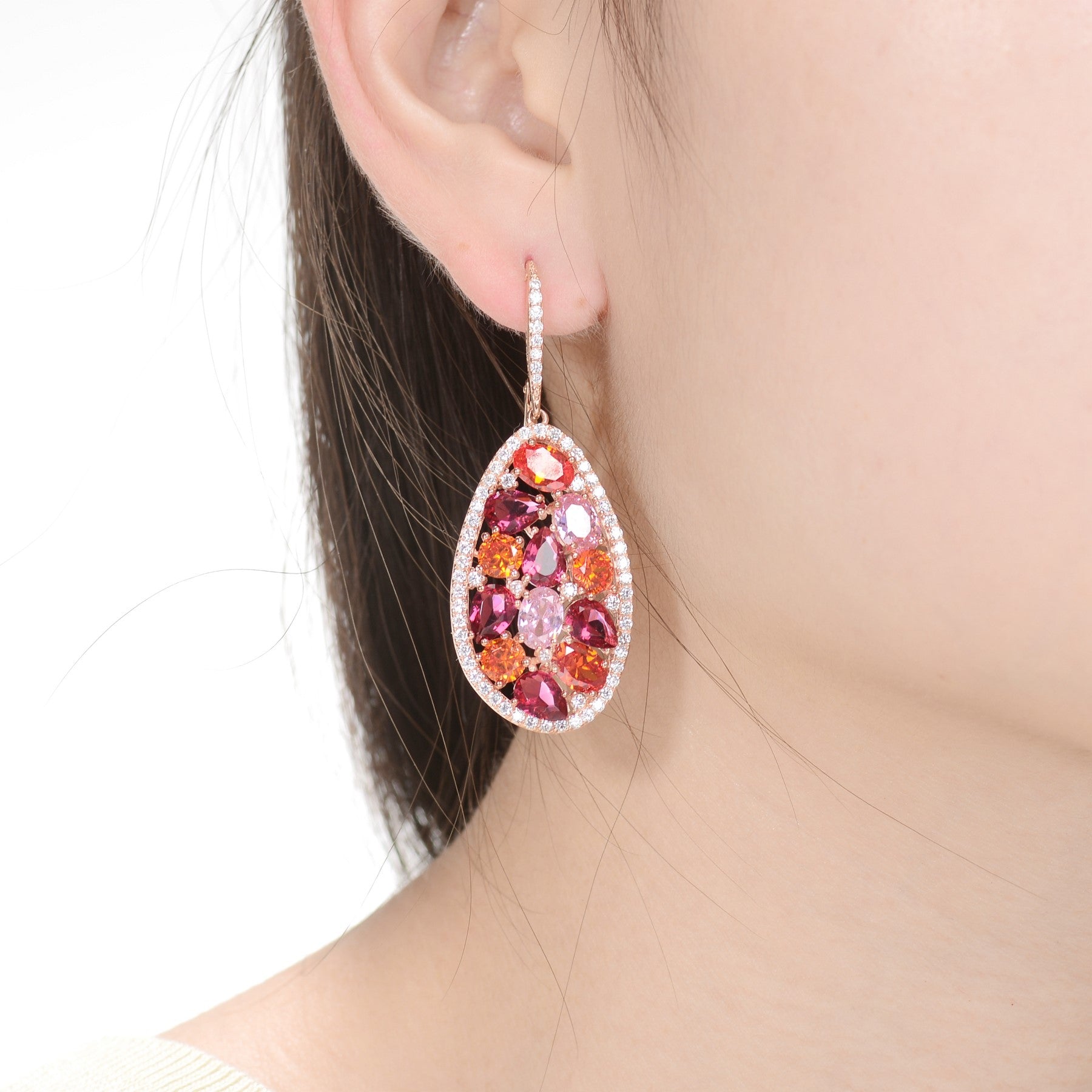 GV Sterling Silver Red, Purple and Pink Cubic Zirconia Pear Shaped Earring