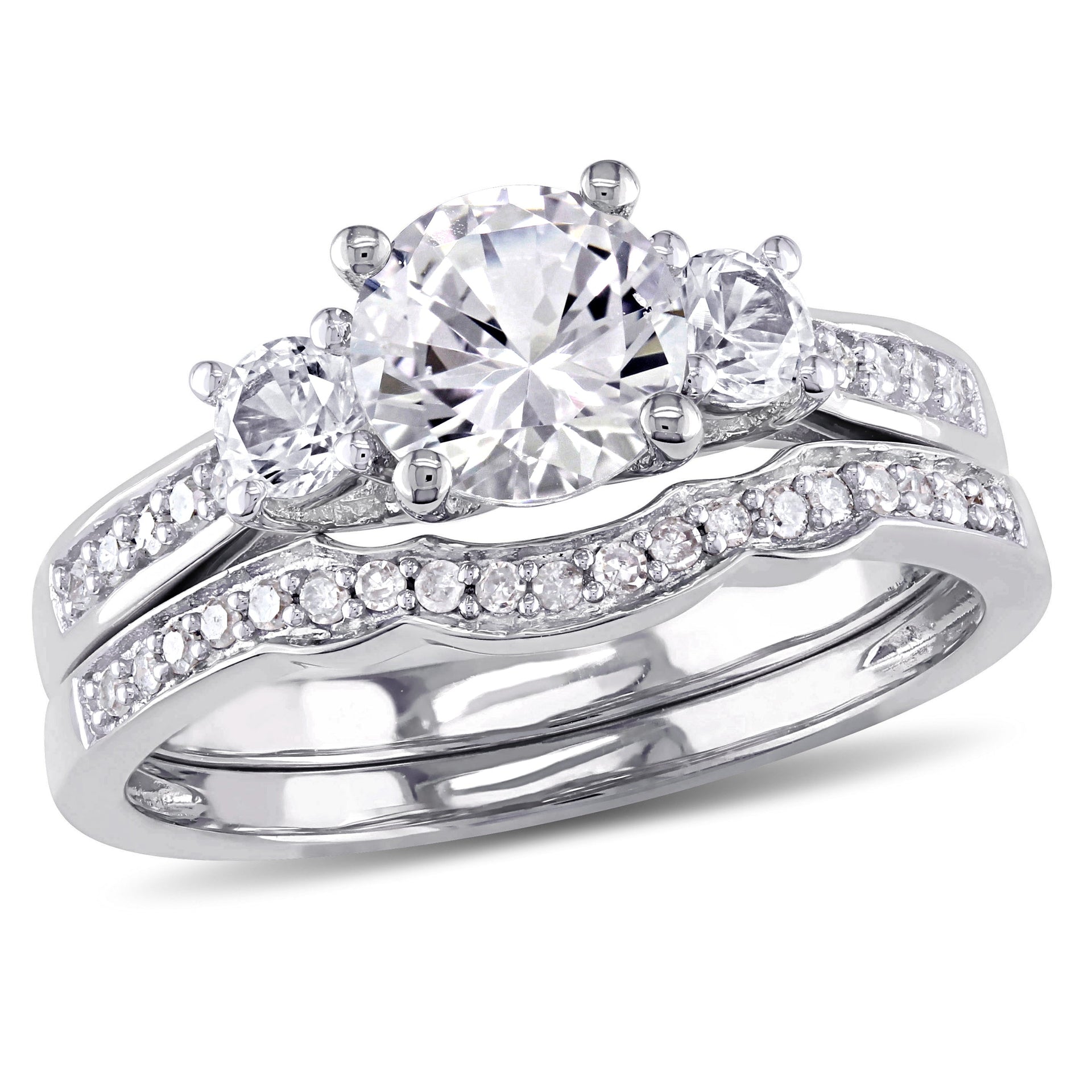 1/7ct TW Diamond and Created White Sapphire 3-Stone Vintage Bridal Set in 10k White Gold