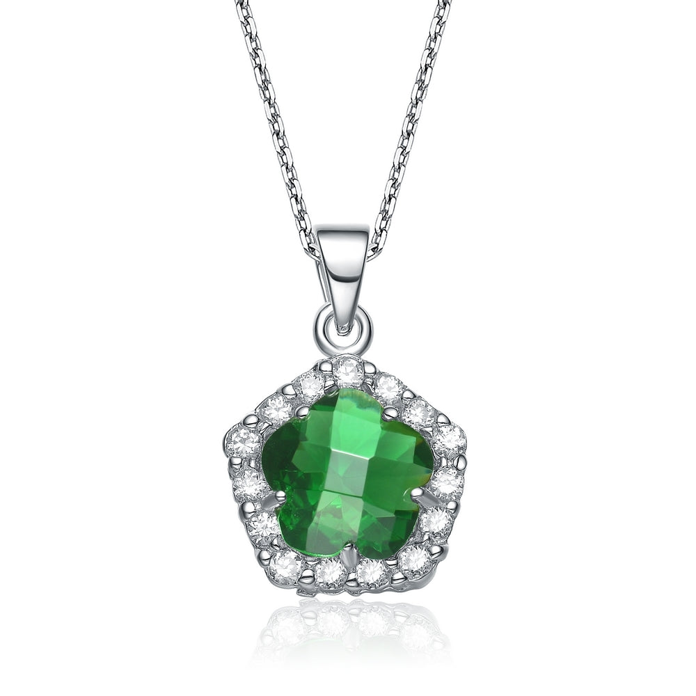 Gv Sterling Silver Green And White Cubic Zirconia Flower Shape Necklace