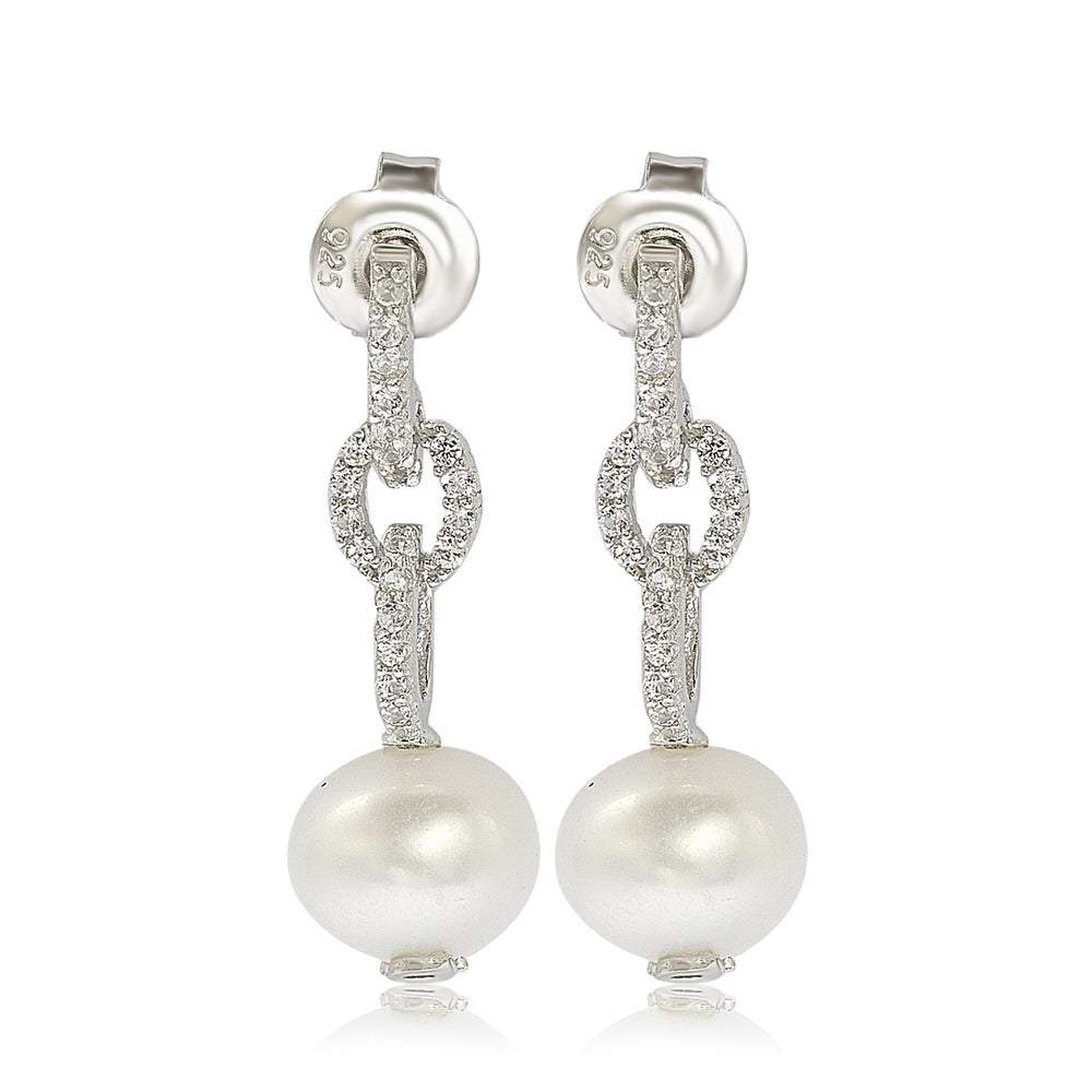 Suzy Levian Sterling Silver Pearl & White Sapphire Dangle Earrings