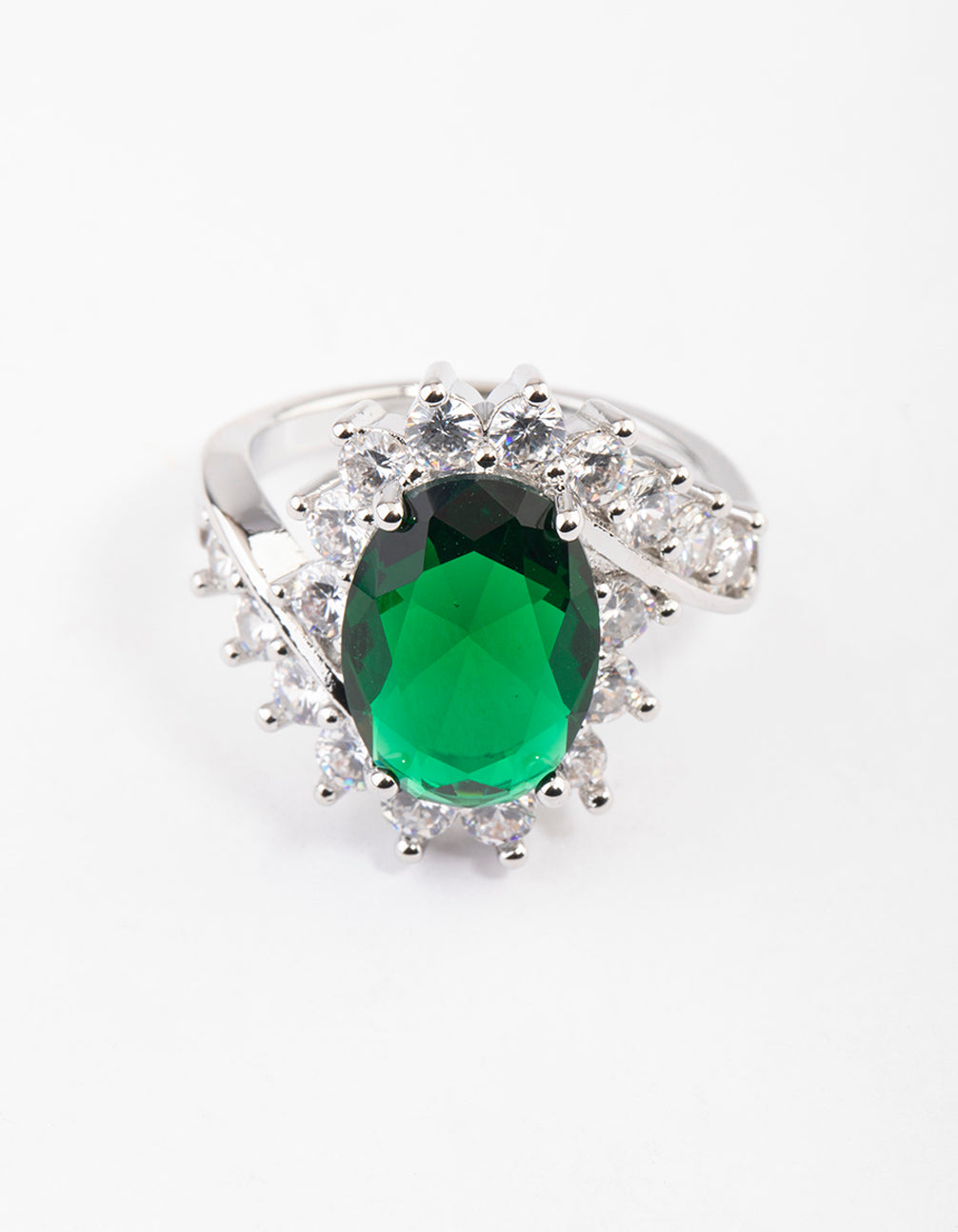 Rhodium Cubic Zirconia Vintage Green Oval Ring