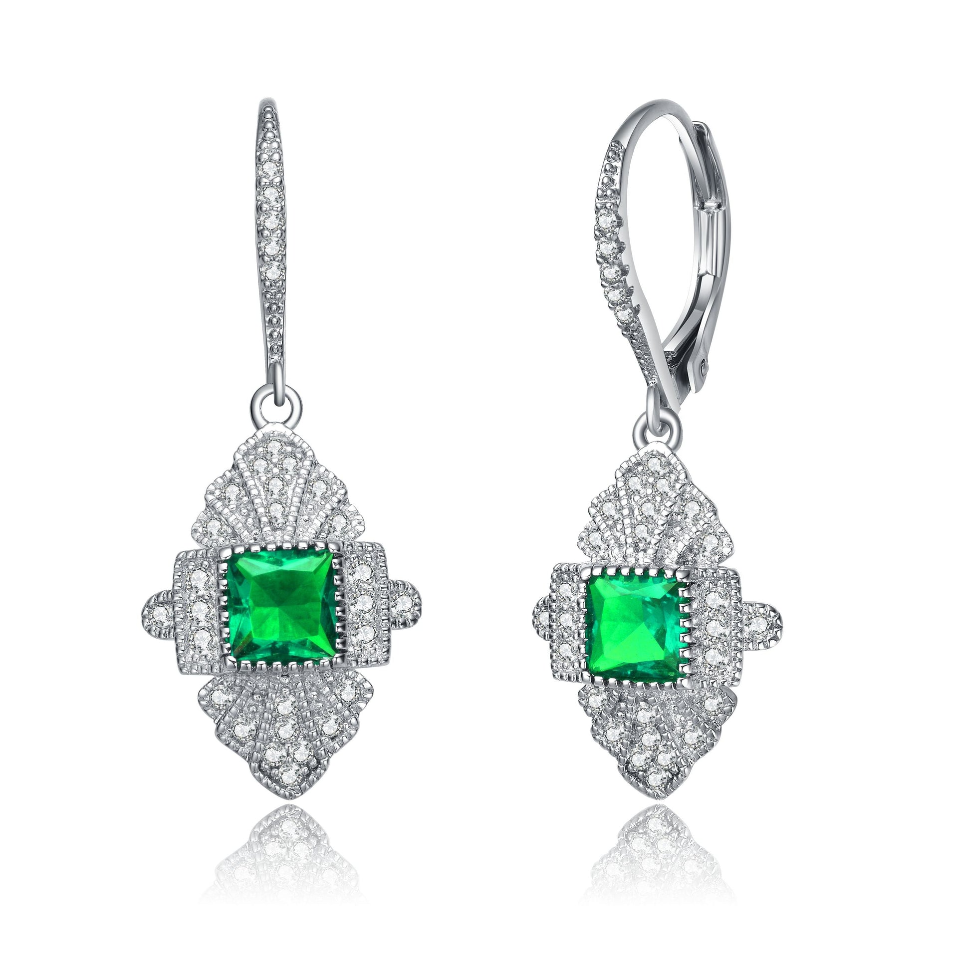 Sterling Silver Emerald Cubic Zirconia Pave Drop Earrings