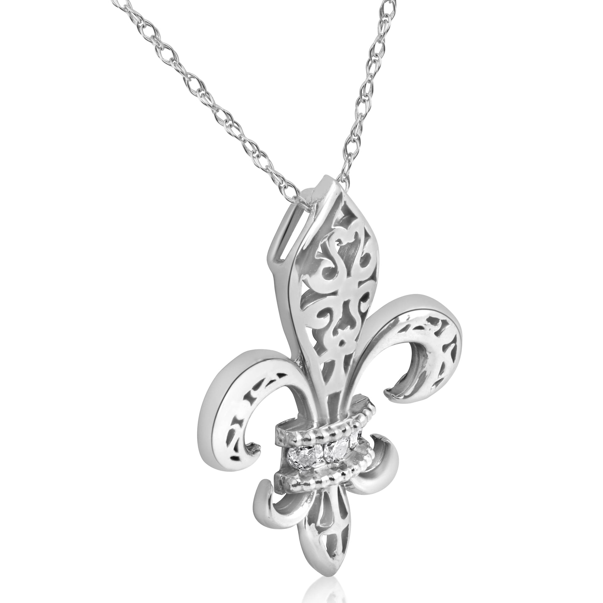 1/10ct Vintage Fleur De Lis Pendant 14K White Gold 1' Tall