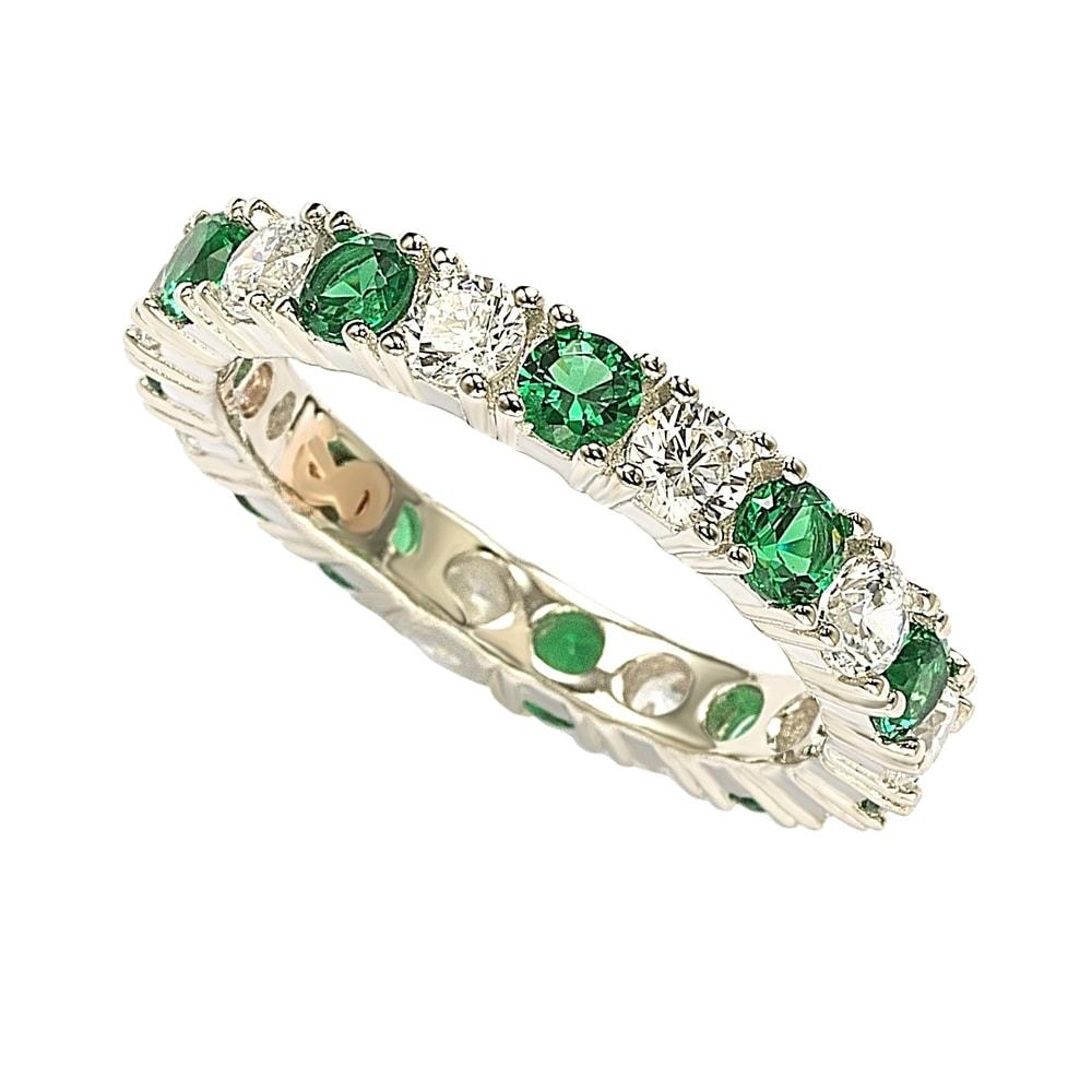 Suzy Levian Sterling Silver Cubic Zirconia Green Emerald Alternating Eternity Band