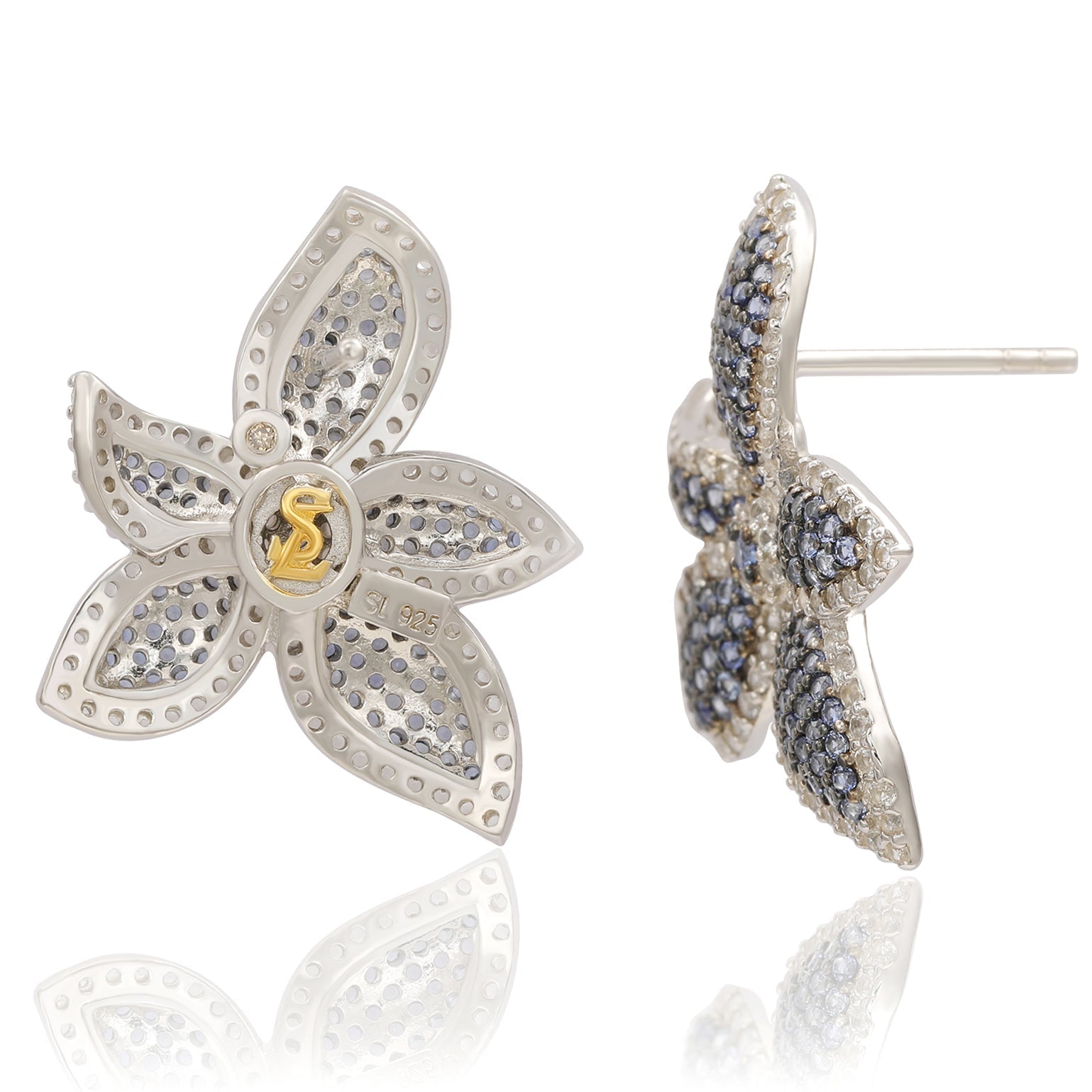 Suzy Levian Sterling Silver Blue Sapphire & White Sapphire Flower Earrings