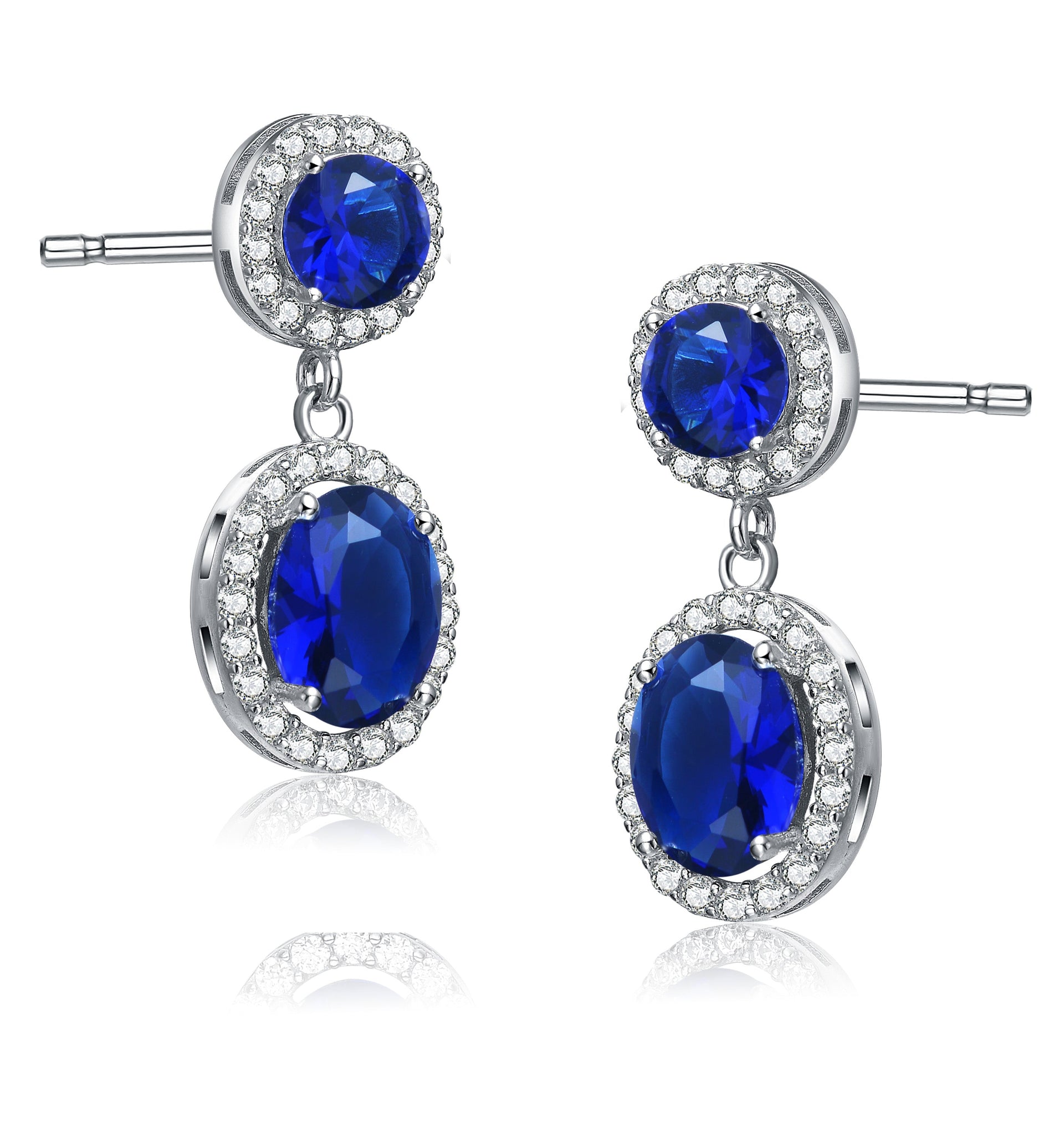 Sterling Silver with Sapphire & Diamond Cubic Zirconia Halo Two Stone Drop Earrings