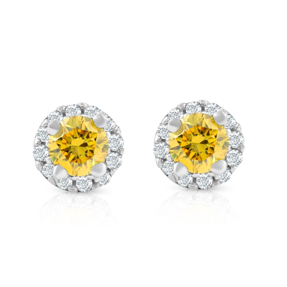 1/4 Ct Halo Fancy Yellow Lab Grown Diamond Studs 10K White Gold