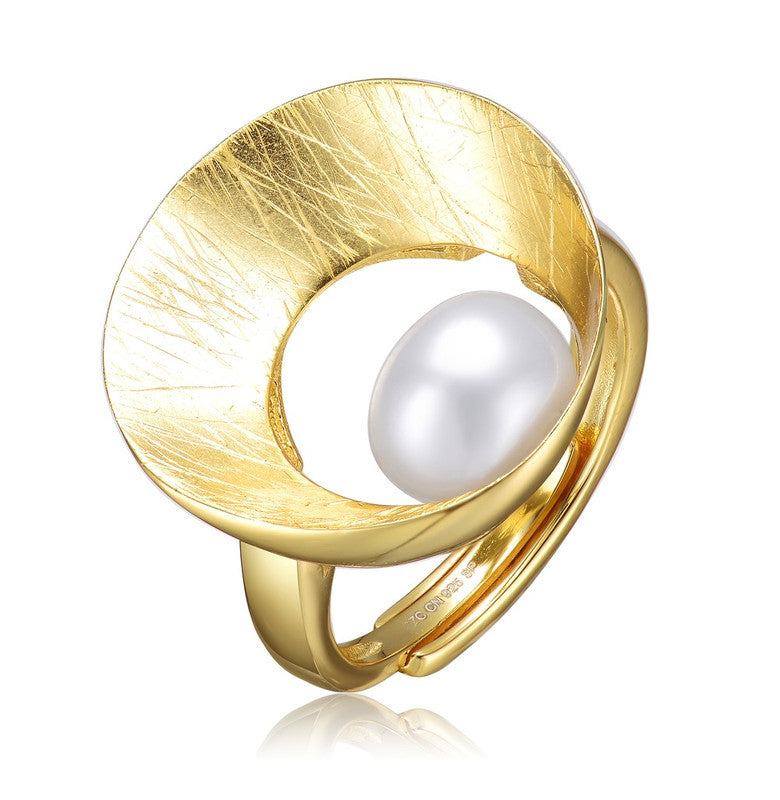 Sterling Silver 14k Gold Plated with Genuine Freshwater Pearl Geometric Ring