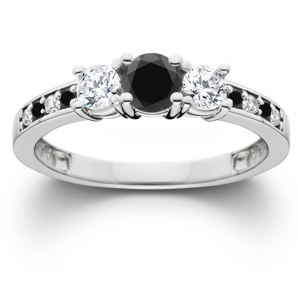 1 1/4CT Black & White Diamond Engagement 3-Stone Ring 10K White Gold
