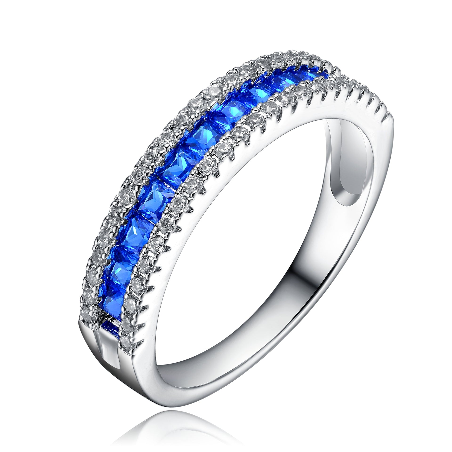 Ga Sterling Silver With Rhodium Plated And Sapphire Cubic Zirconia Band Ring