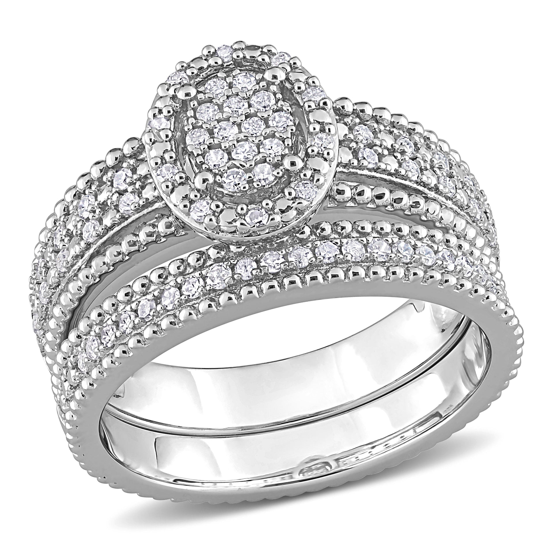 1/3ct TDW Diamond Oval Shape Cluster Bridal Set in Sterling Silver
