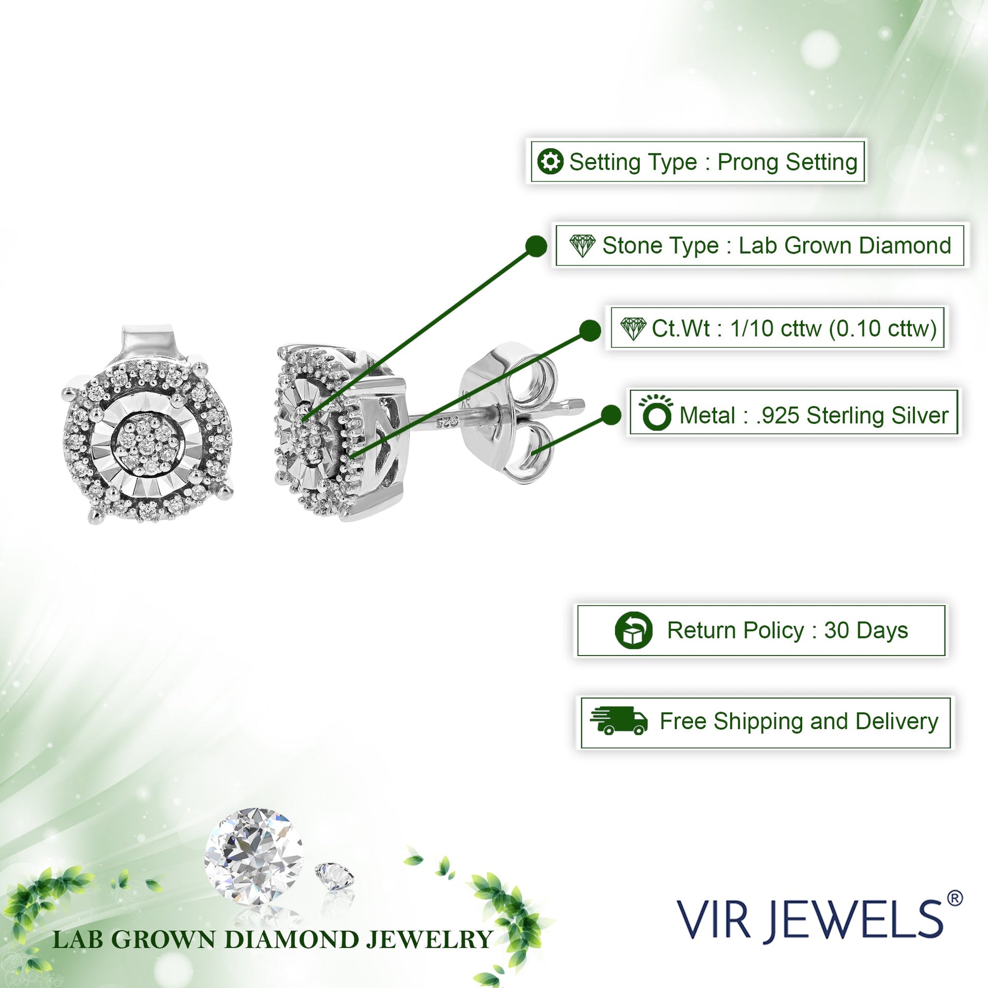 1/10 cttw Round Cut Lab Grown Diamond Prong Set Stud Earrings For Women .925 Sterling Silver