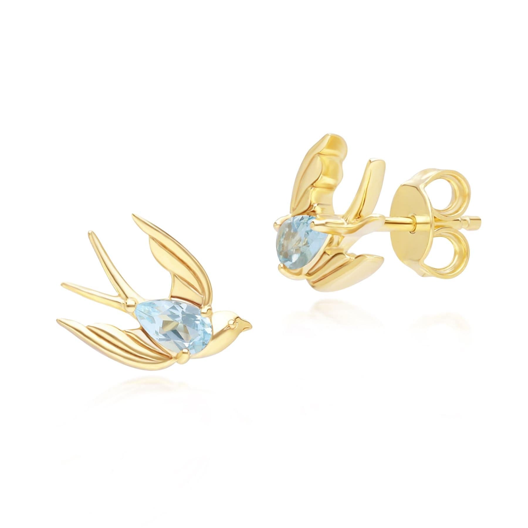Ecfew Creator Blue Topaz Hummingbird Stud Earrings In Gold Plated Sterling Silver