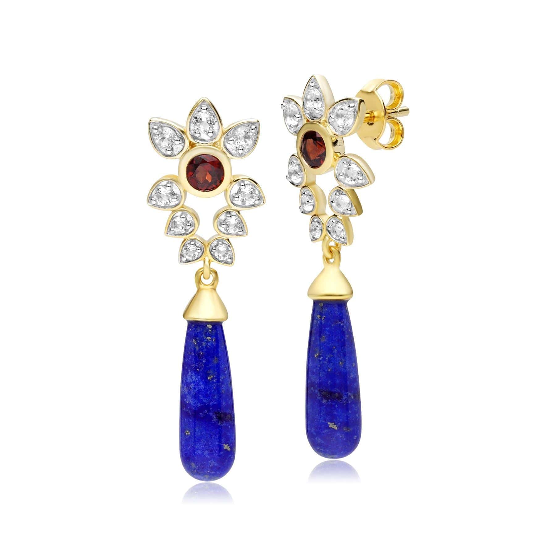 Lapis Lazuli White Topaz Garnet Floral Dangle Drop Earrings In Gold Plated Sterling Silver