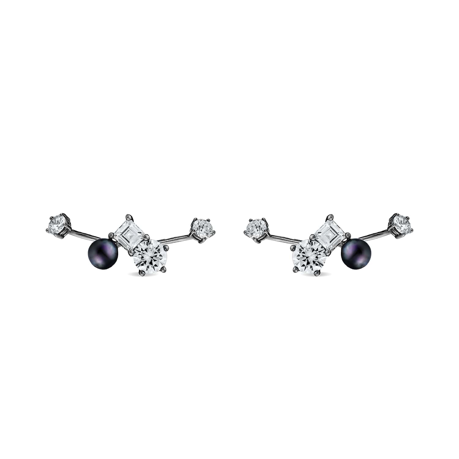 Eclipse Ear Jacket With Natural Black Pearls & Man Made Cz Diamond Stimulant In Sterling Silver & Premium Black Rhodium