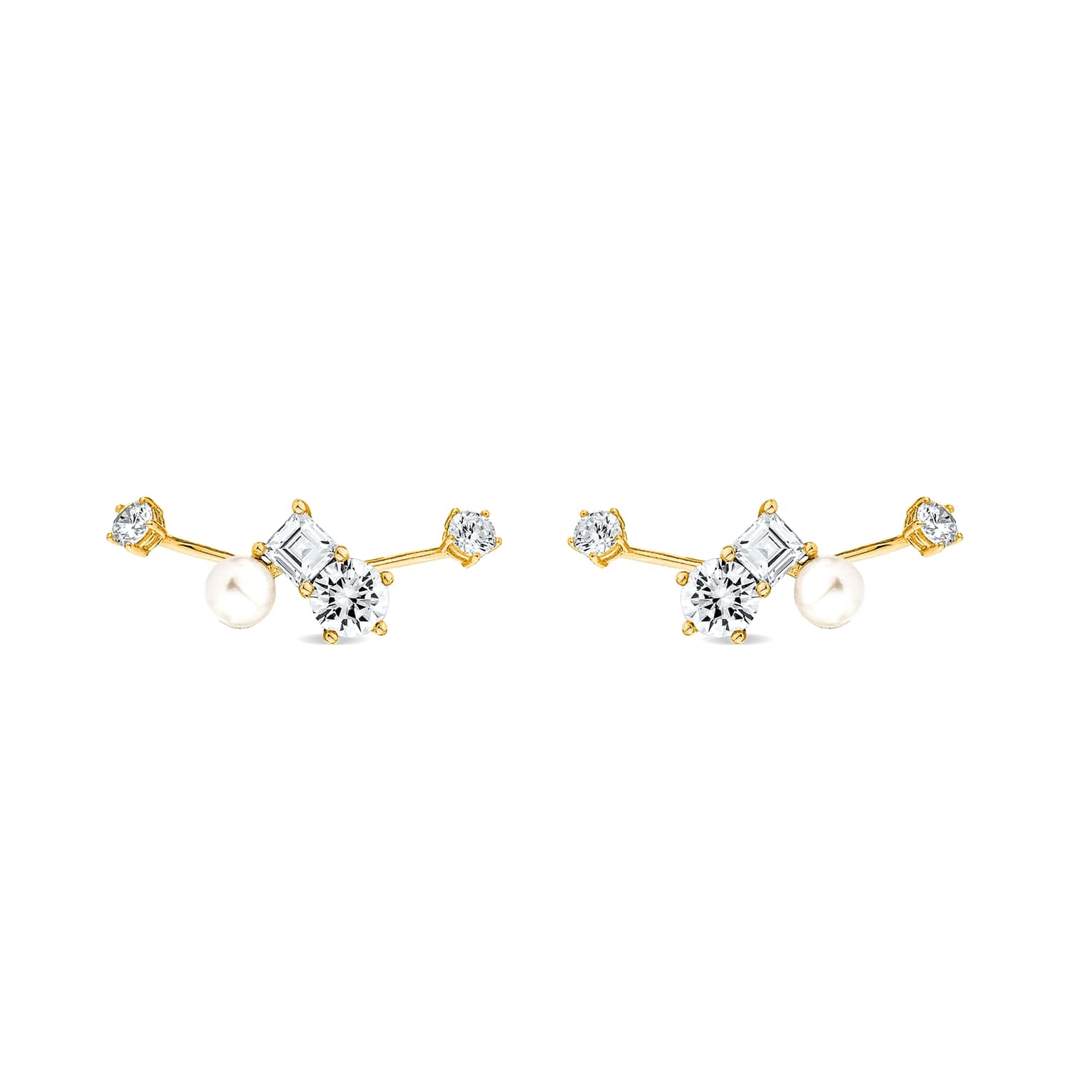 Eclipse Ear Jacket With Natural White Pearls & Man Made Cz Diamond Stimulant In Sterling Silver & 18K Gold Vermeil